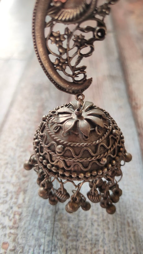 Long Oxidised Silver Jhumka Earrings