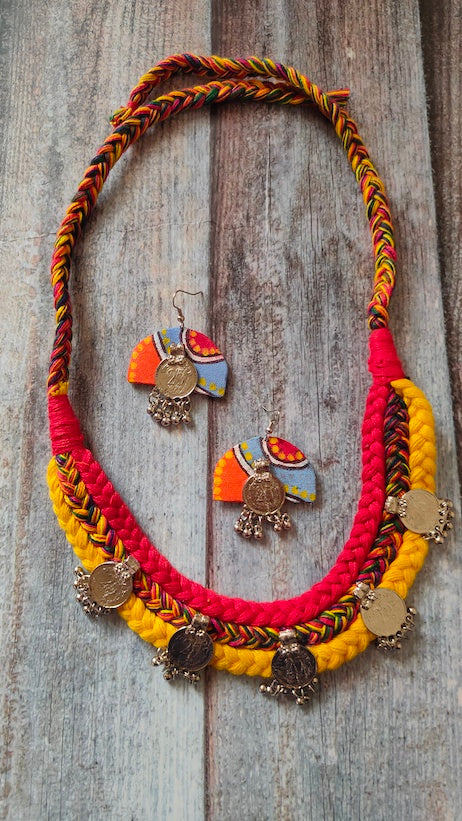 Braided Fabric Vibrant Stamped Coins Choker Necklace Set