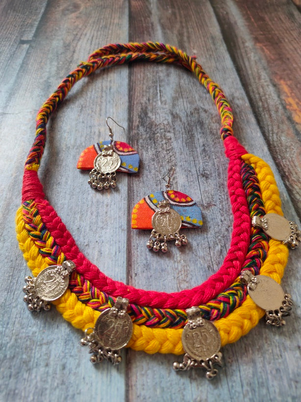 Braided Fabric Vibrant Stamped Coins Choker Necklace Set