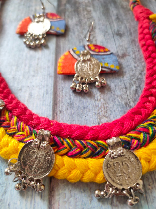 Braided Fabric Vibrant Stamped Coins Choker Necklace Set