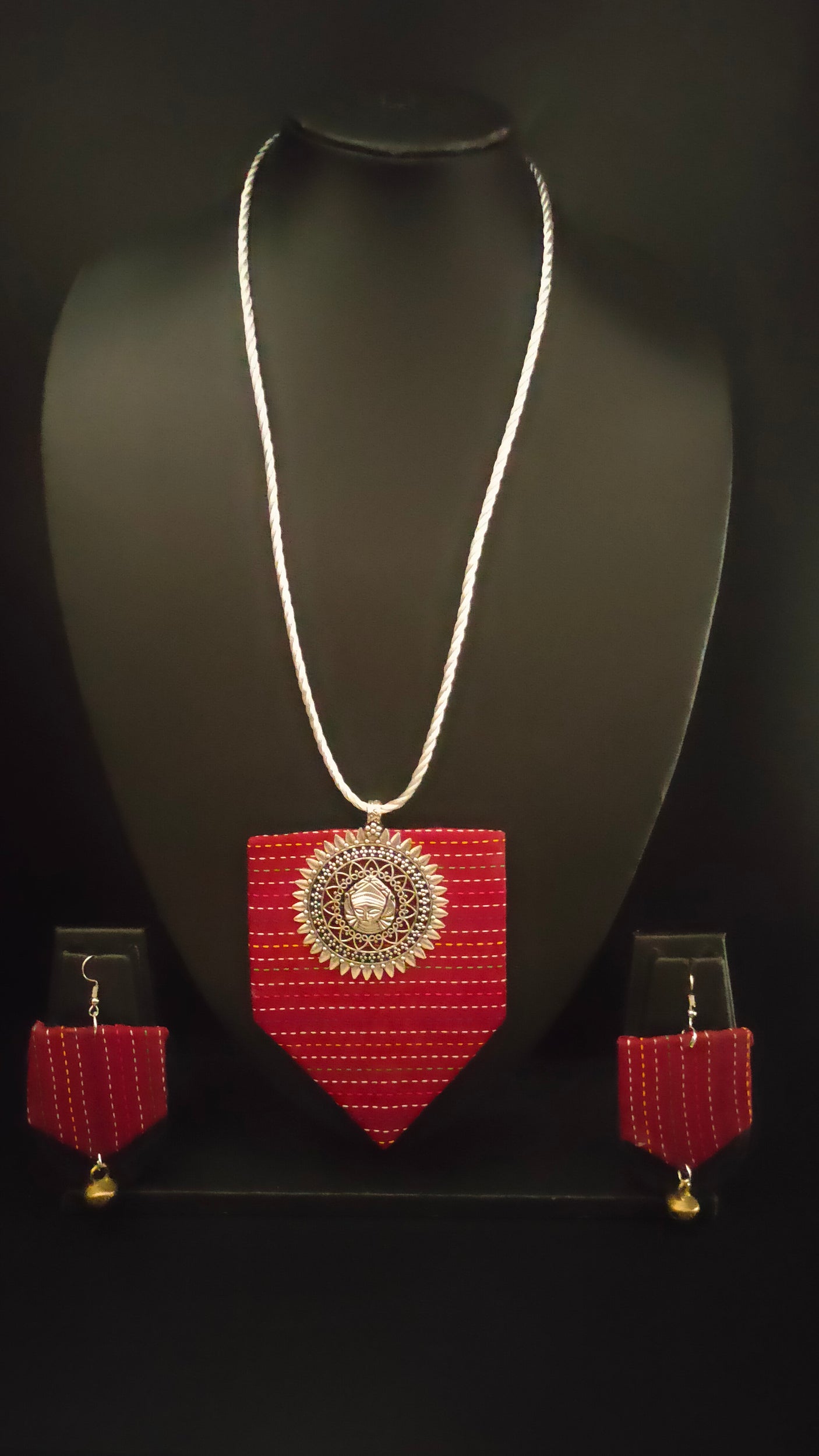 Kantha Work Red Fabric Durga Motif Necklace Set