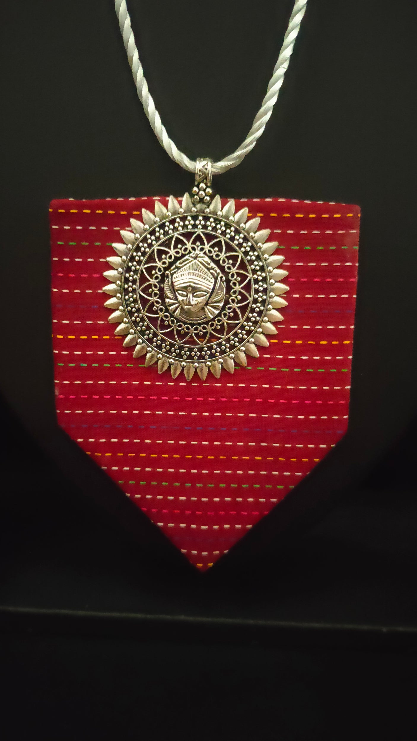 Kantha Work Red Fabric Durga Motif Necklace Set