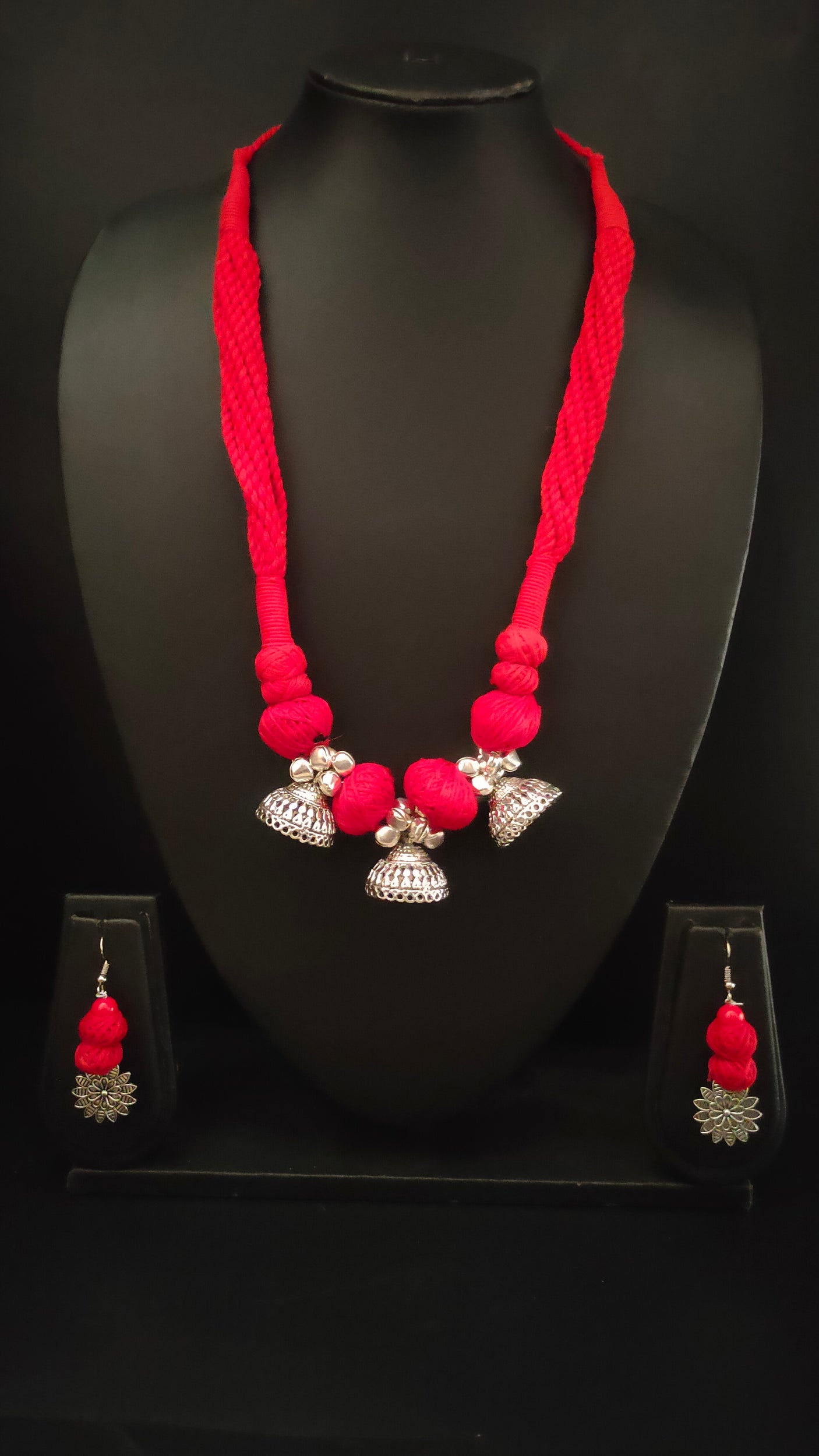 Red Braided Fabric Threads Necklace Set