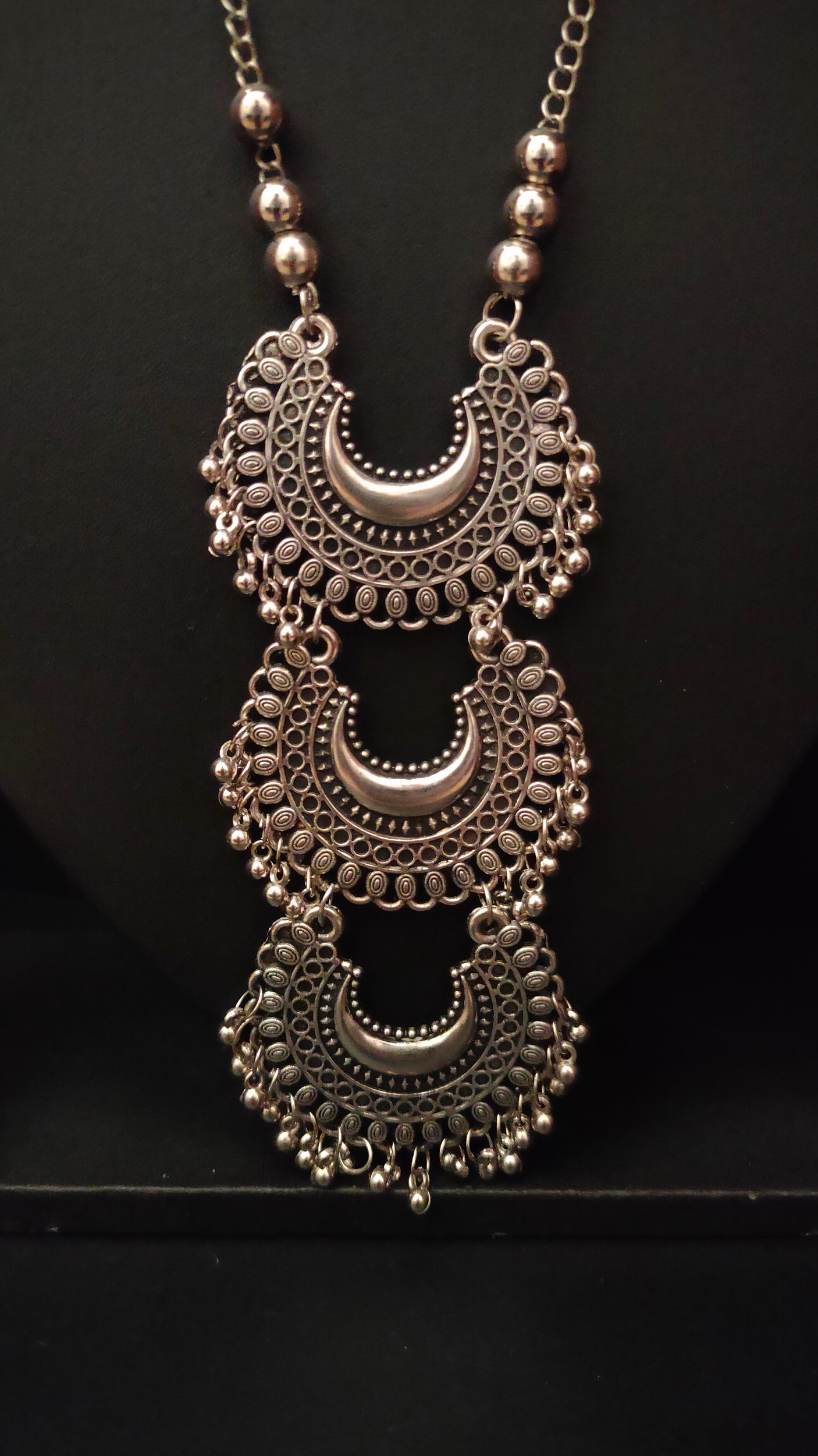 Long Chain Oxidised Silver 3 Layer Pendant Necklace Set