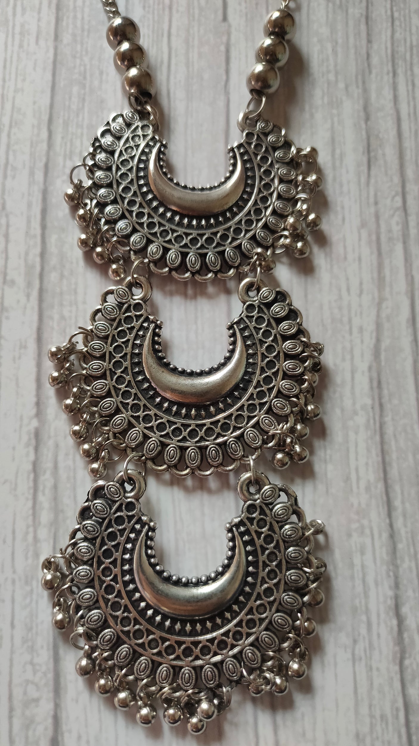 Long Chain Oxidised Silver 3 Layer Pendant Necklace Set