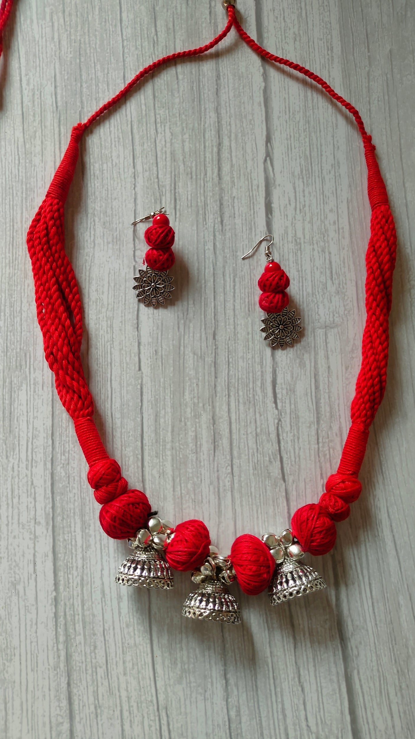 Red Braided Fabric Threads Necklace Set