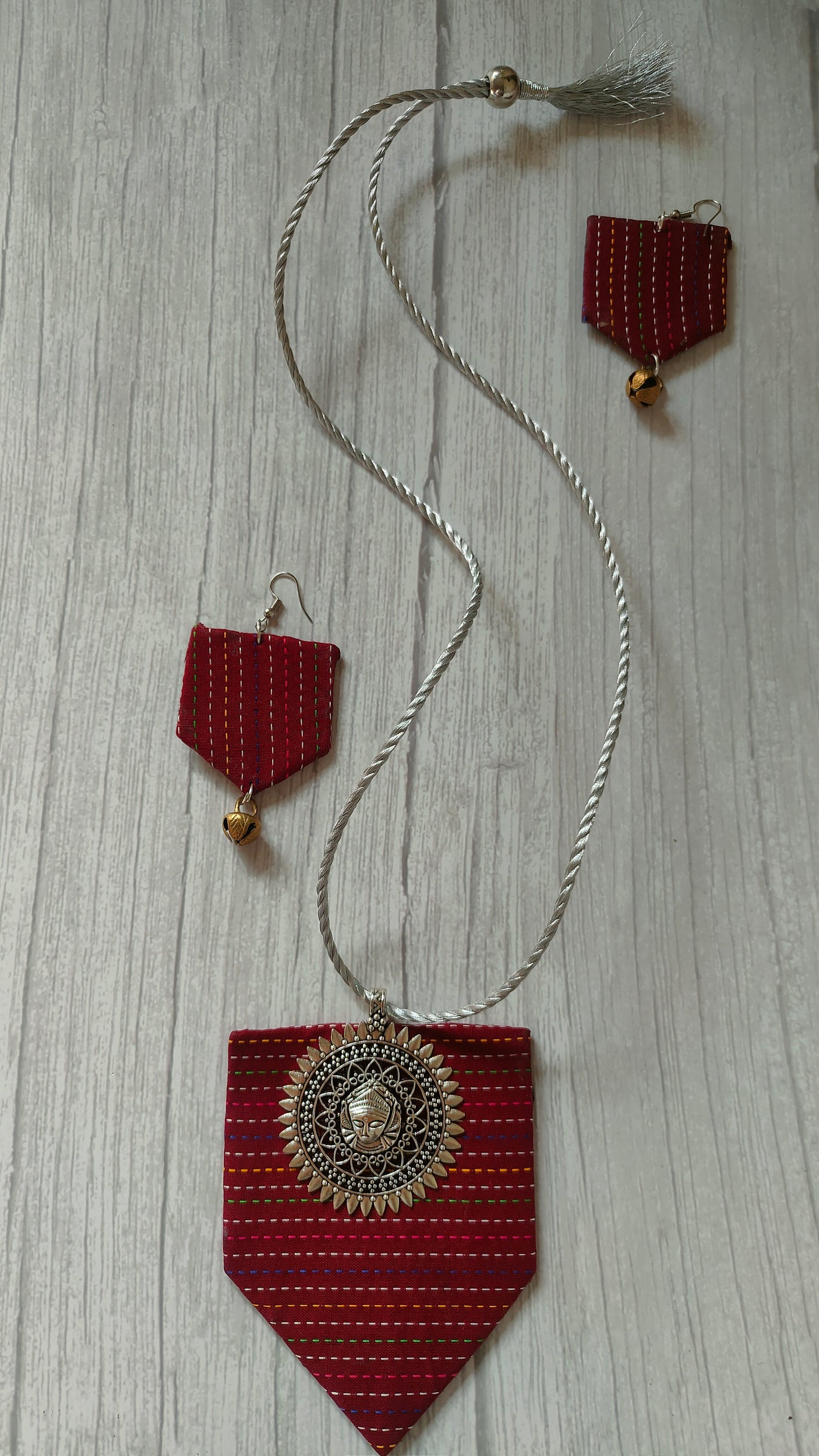 Kantha Work Red Fabric Durga Motif Necklace Set