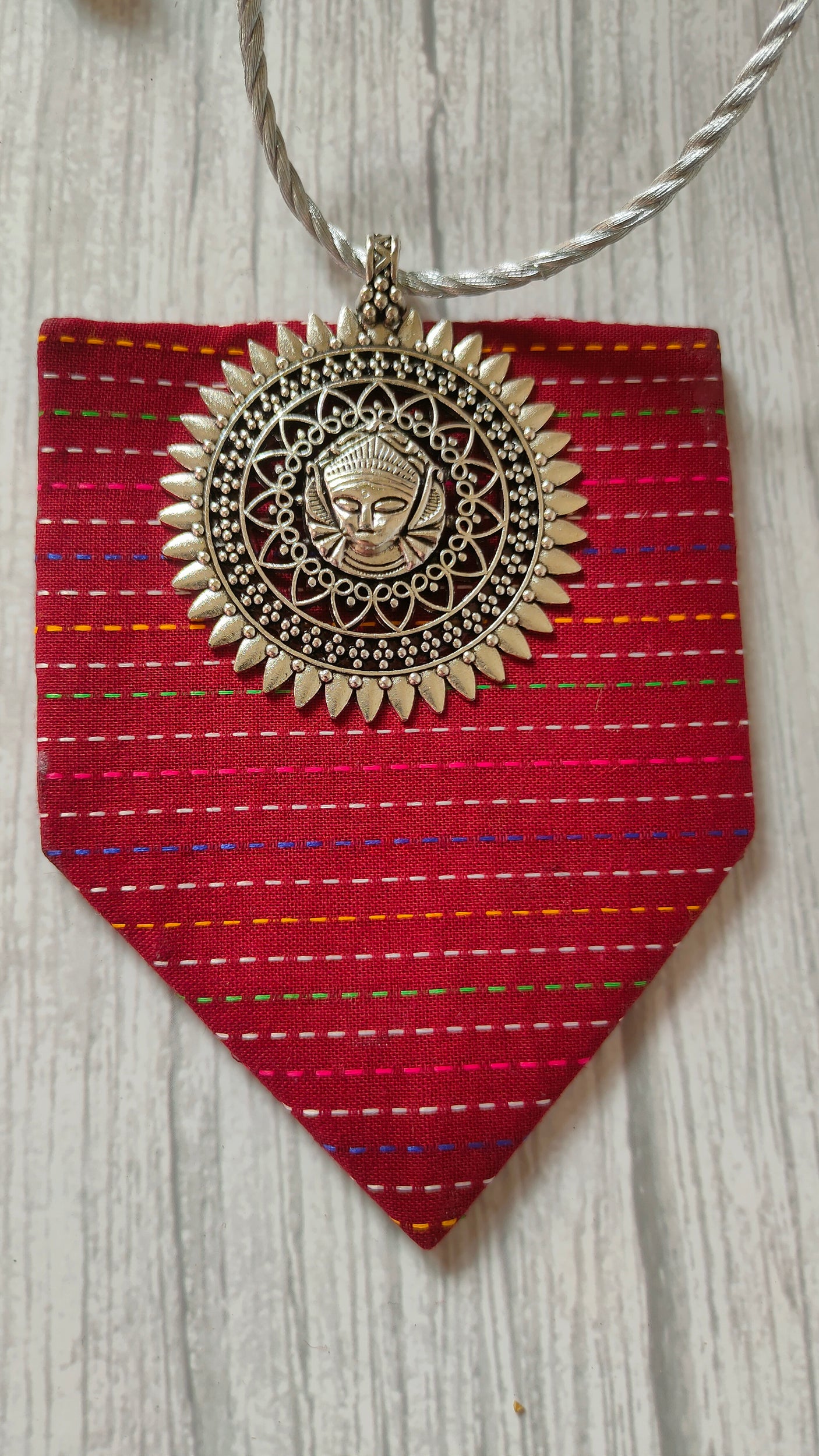 Kantha Work Red Fabric Durga Motif Necklace Set