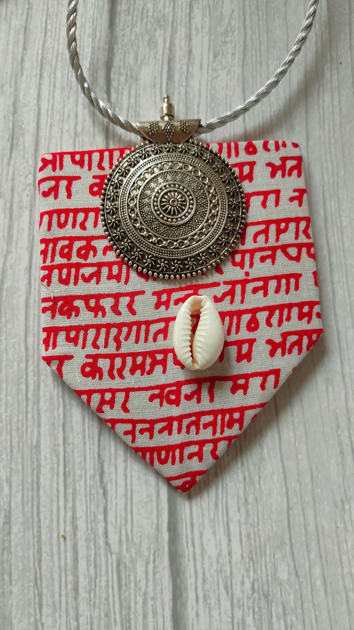 Mantra Printed Fabric Necklace Set with Shells