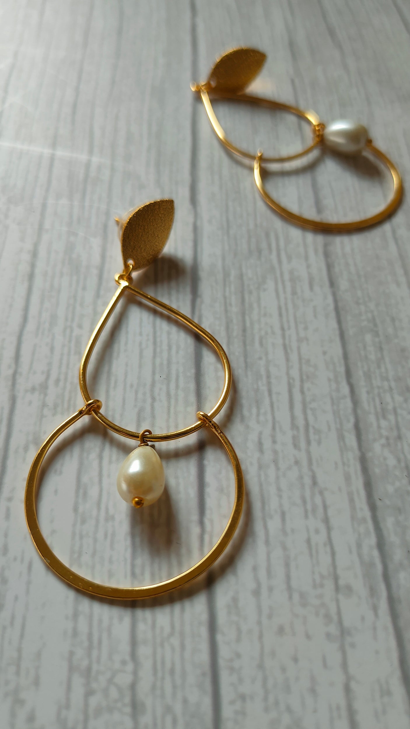 Elegant Minimalist 2 Layer Brass Dangler Earrings with Pearl Beads