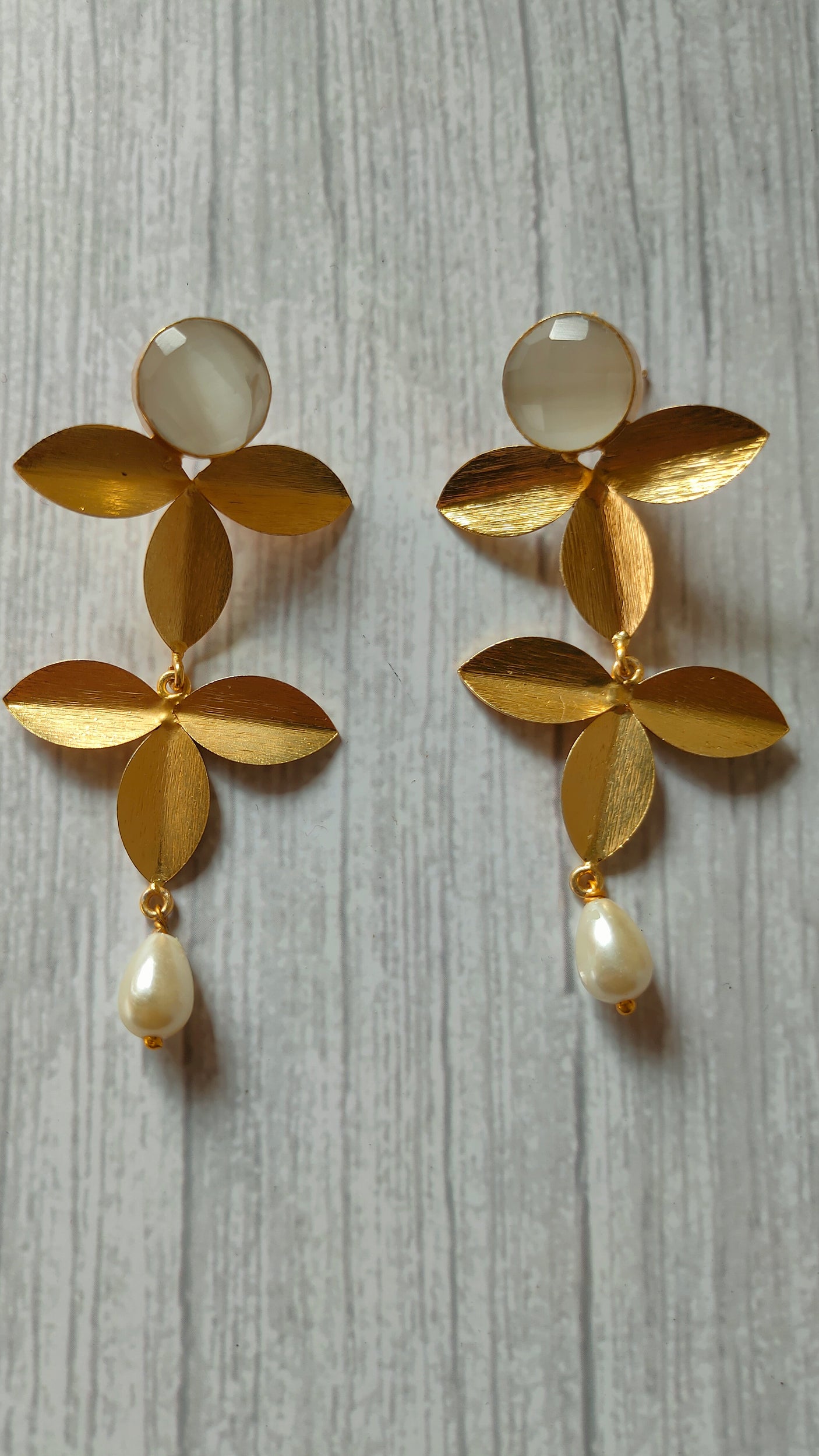 2 Layer Leaf Shaped Brass Dangler Earrings with Pearl Beads