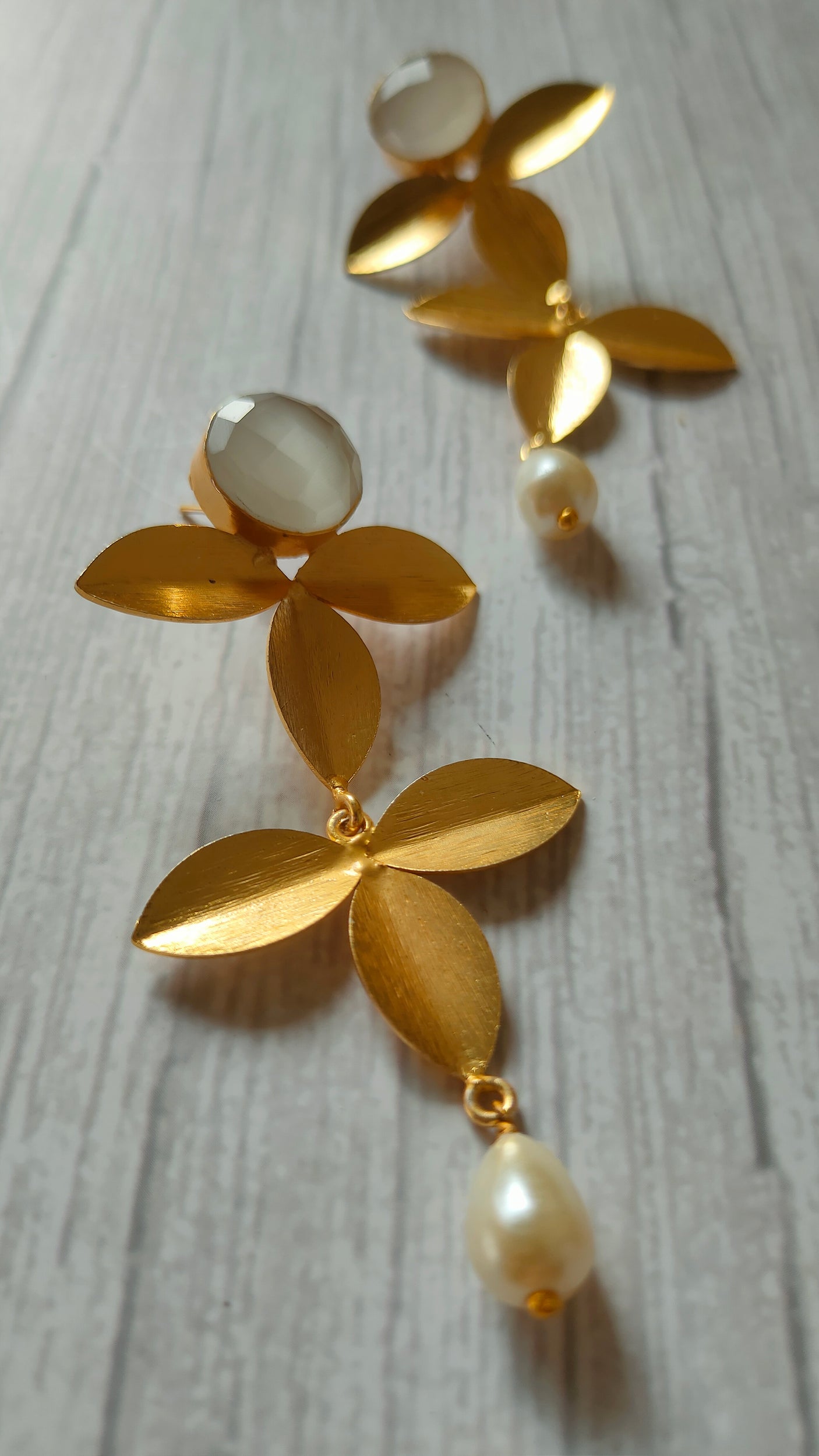 2 Layer Leaf Shaped Brass Dangler Earrings with Pearl Beads