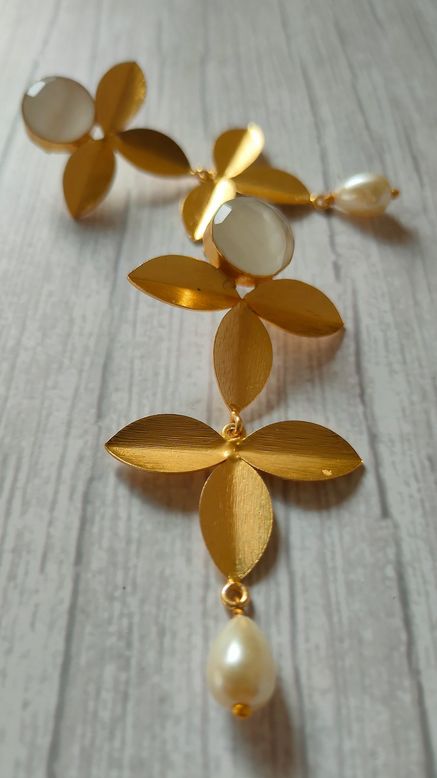 2 Layer Leaf Shaped Brass Dangler Earrings with Pearl Beads