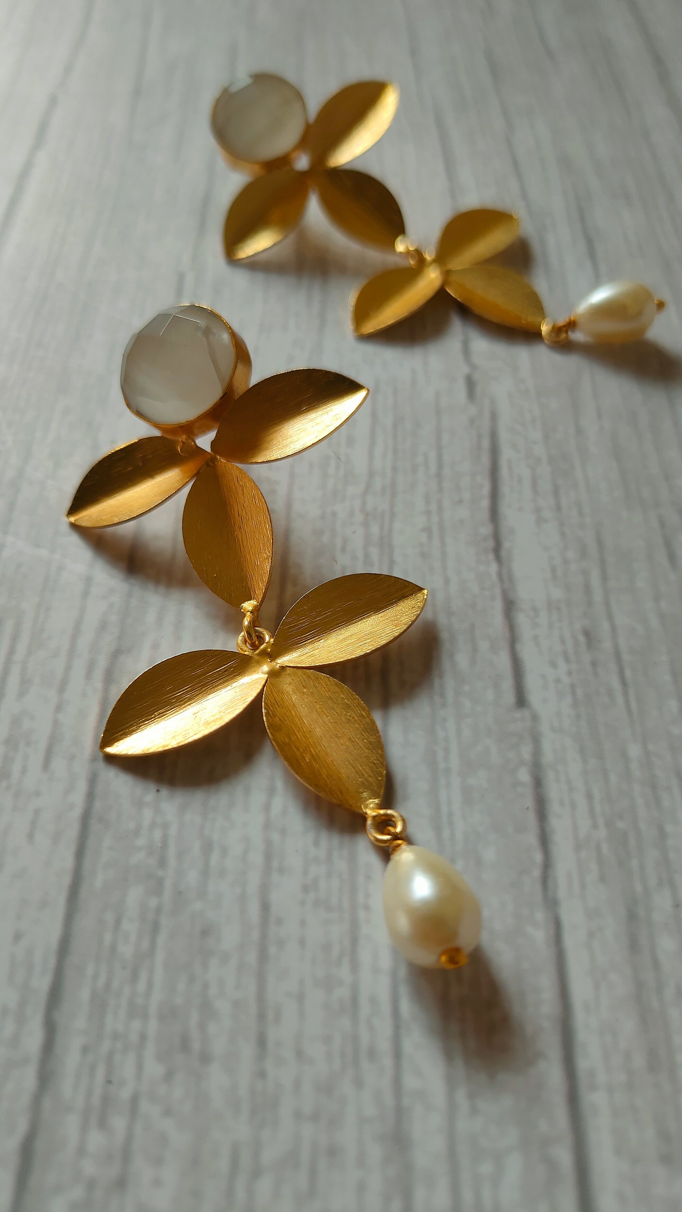 2 Layer Leaf Shaped Brass Dangler Earrings with Pearl Beads