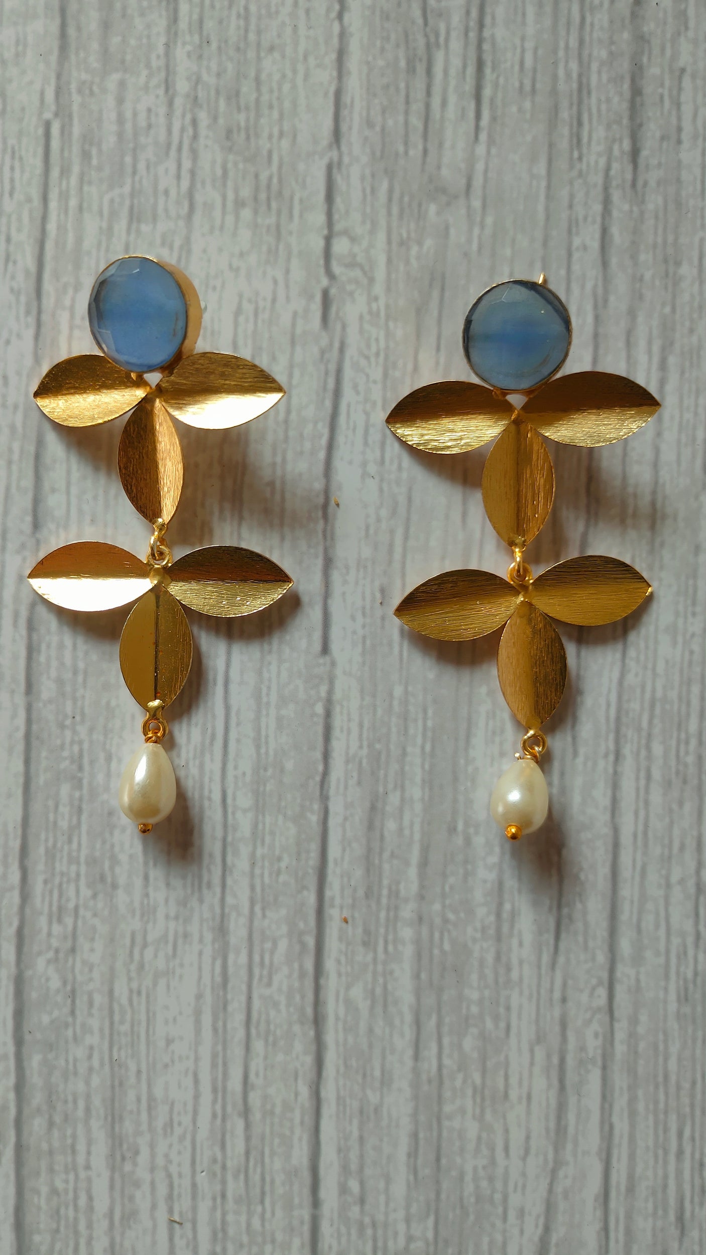 2 Layer Leaf Shaped Brass Dangler Earrings with Turquoise Stone and Pearl Beads