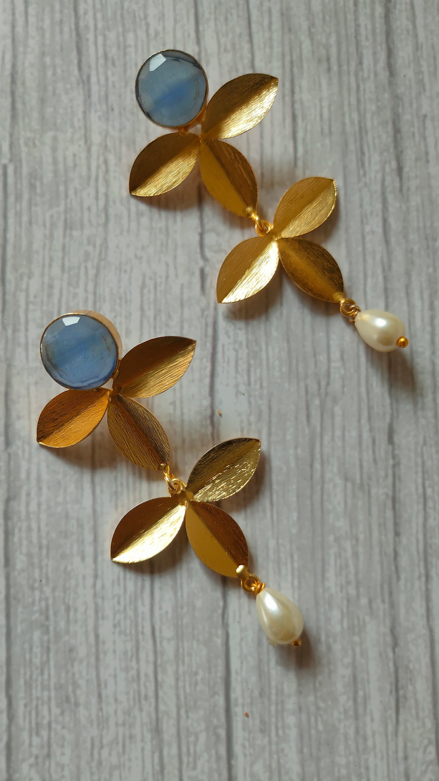 2 Layer Leaf Shaped Brass Dangler Earrings with Turquoise Stone and Pearl Beads