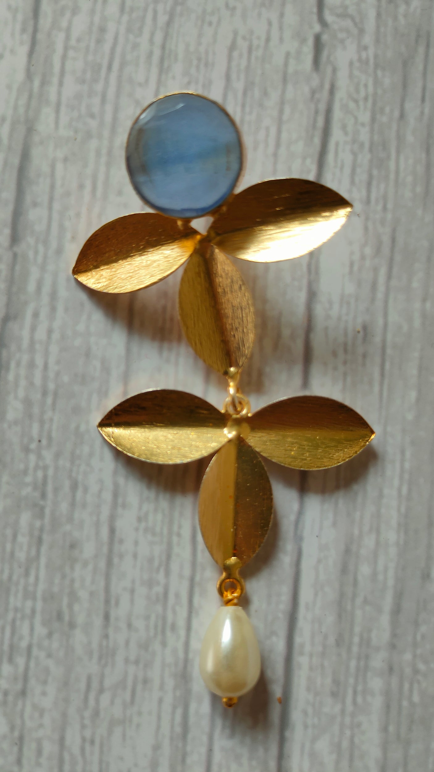 2 Layer Leaf Shaped Brass Dangler Earrings with Turquoise Stone and Pearl Beads