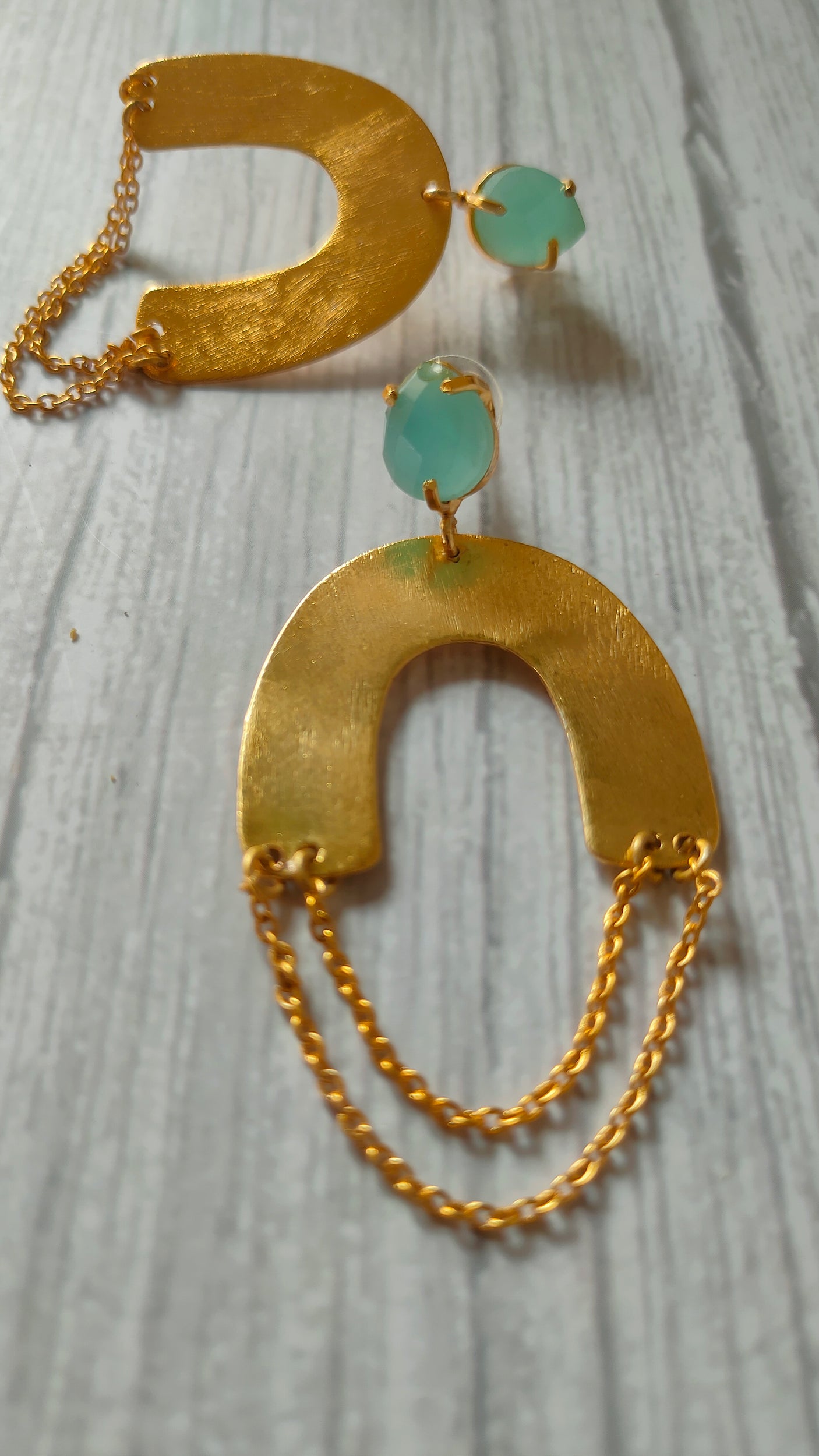 Horse Shoe Brass Earrings with Chain Strings and Turquoise Stone