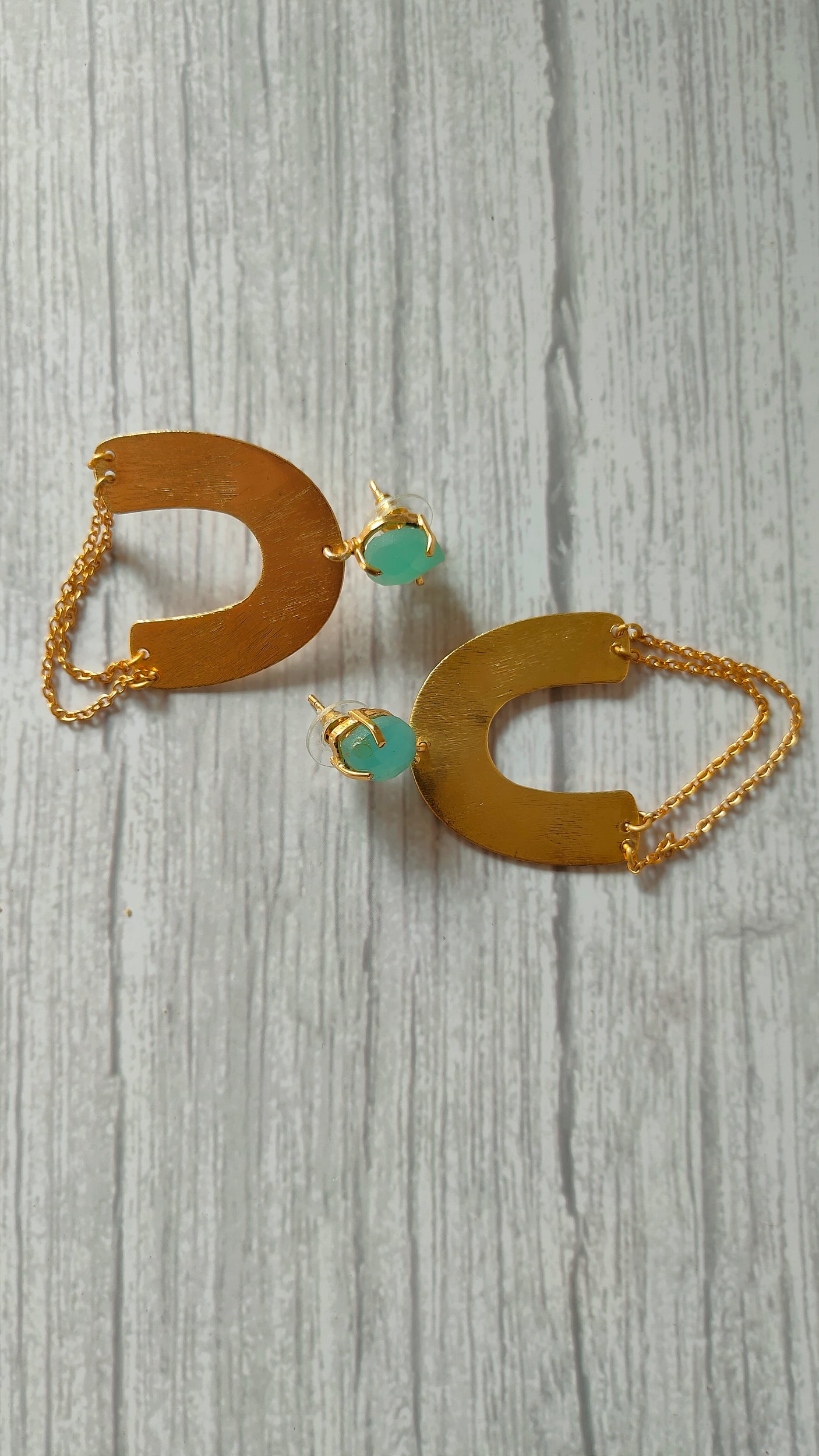 Horse Shoe Brass Earrings with Chain Strings and Turquoise Stone