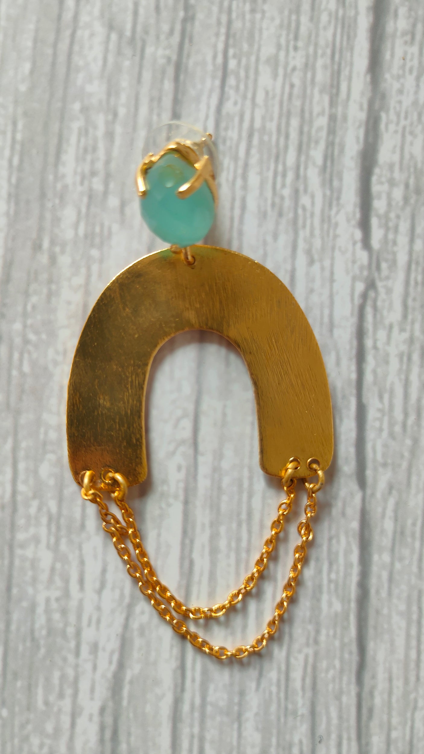 Horse Shoe Brass Earrings with Chain Strings and Turquoise Stone
