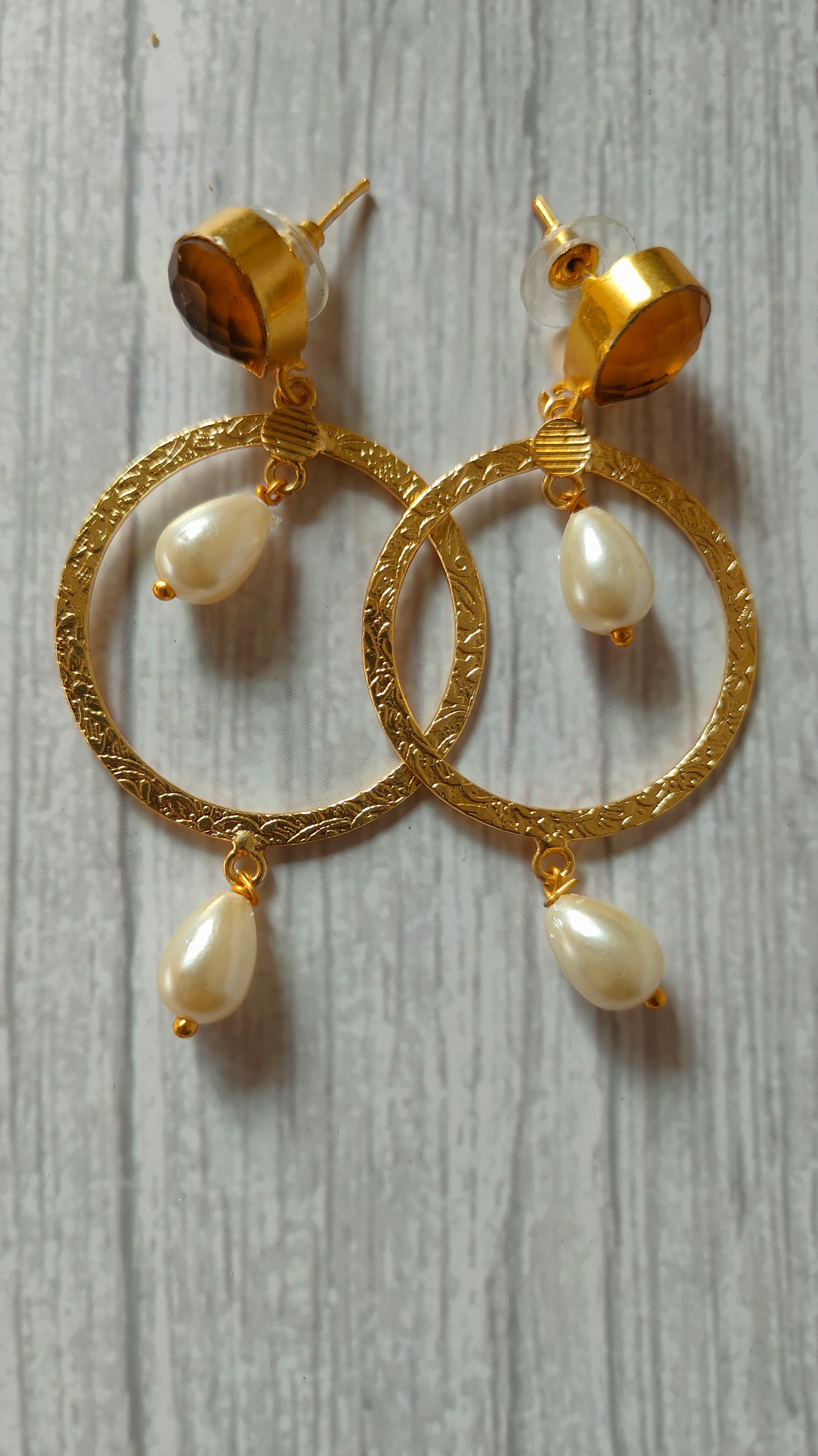 Circular Brass Dangler Earrings with Pearl Beads and Stone