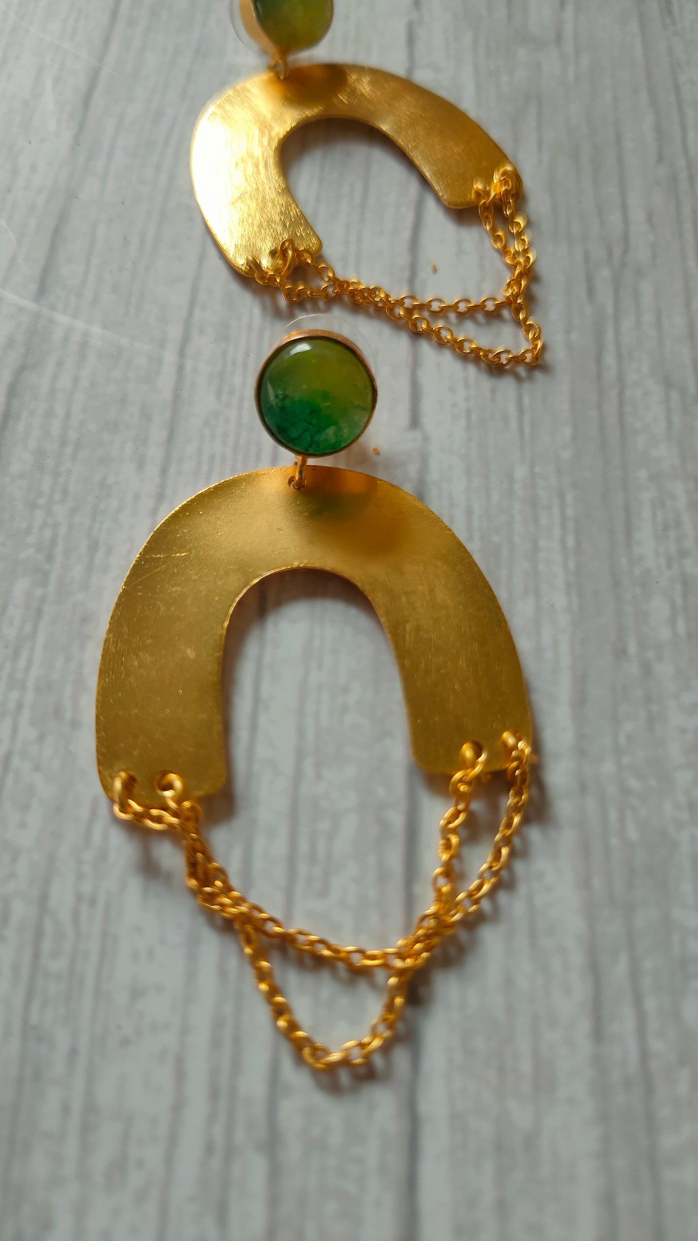 Horse Shoe Brass Earrings with Chain Strings and Green Stone