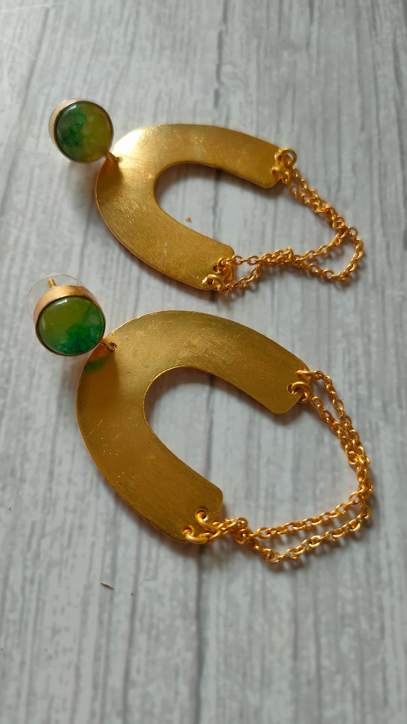 Horse Shoe Brass Earrings with Chain Strings and Green Stone