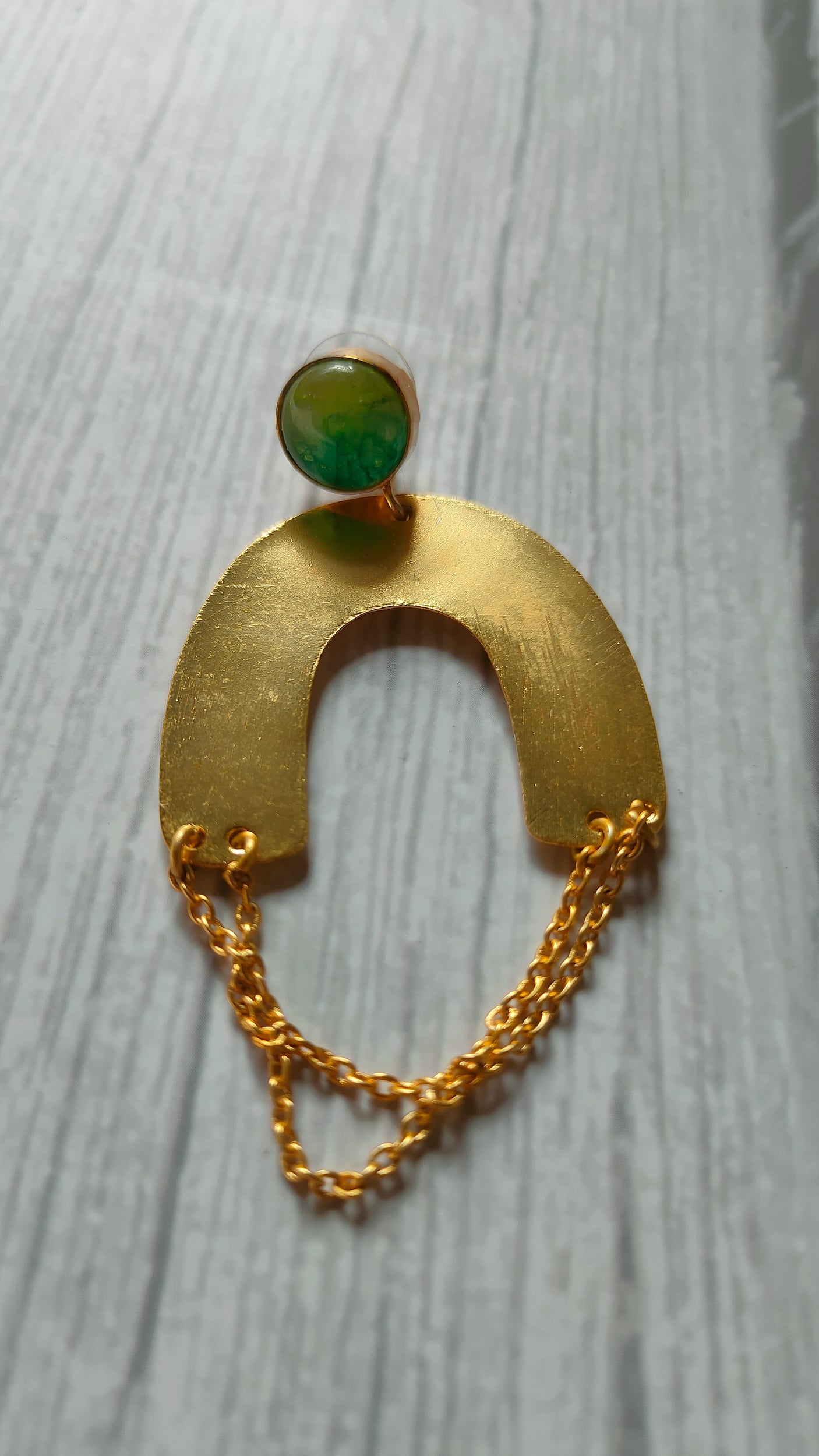 Horse Shoe Brass Earrings with Chain Strings and Green Stone
