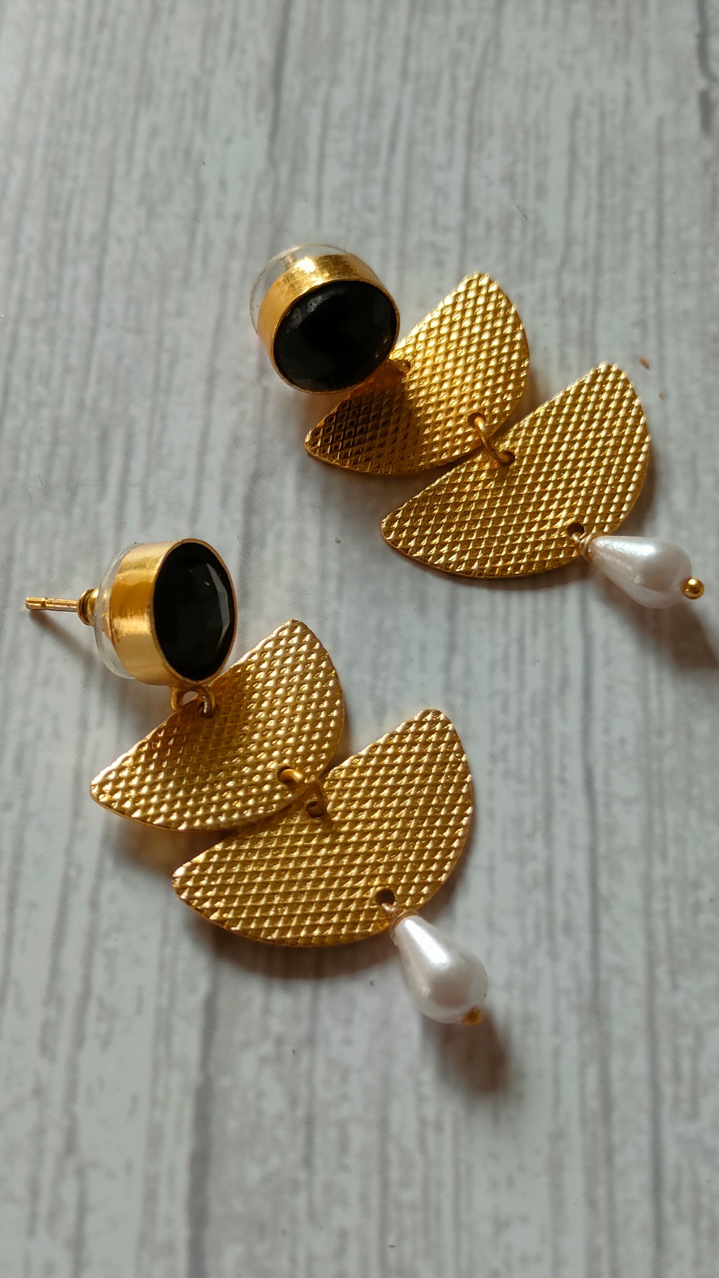 2 Layer Brass Earrings with Black Stone and Pearl Beads