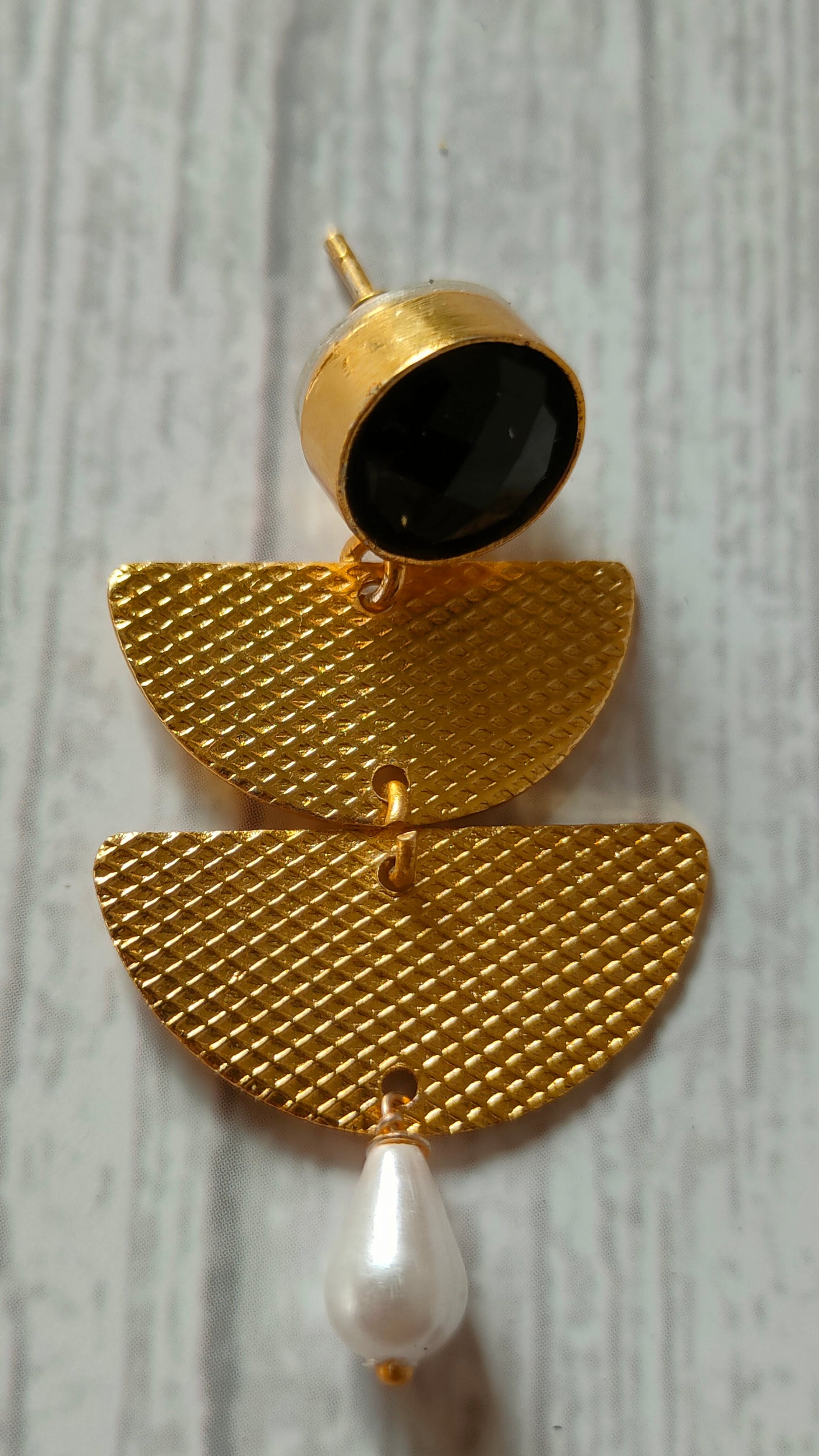 2 Layer Brass Earrings with Black Stone and Pearl Beads