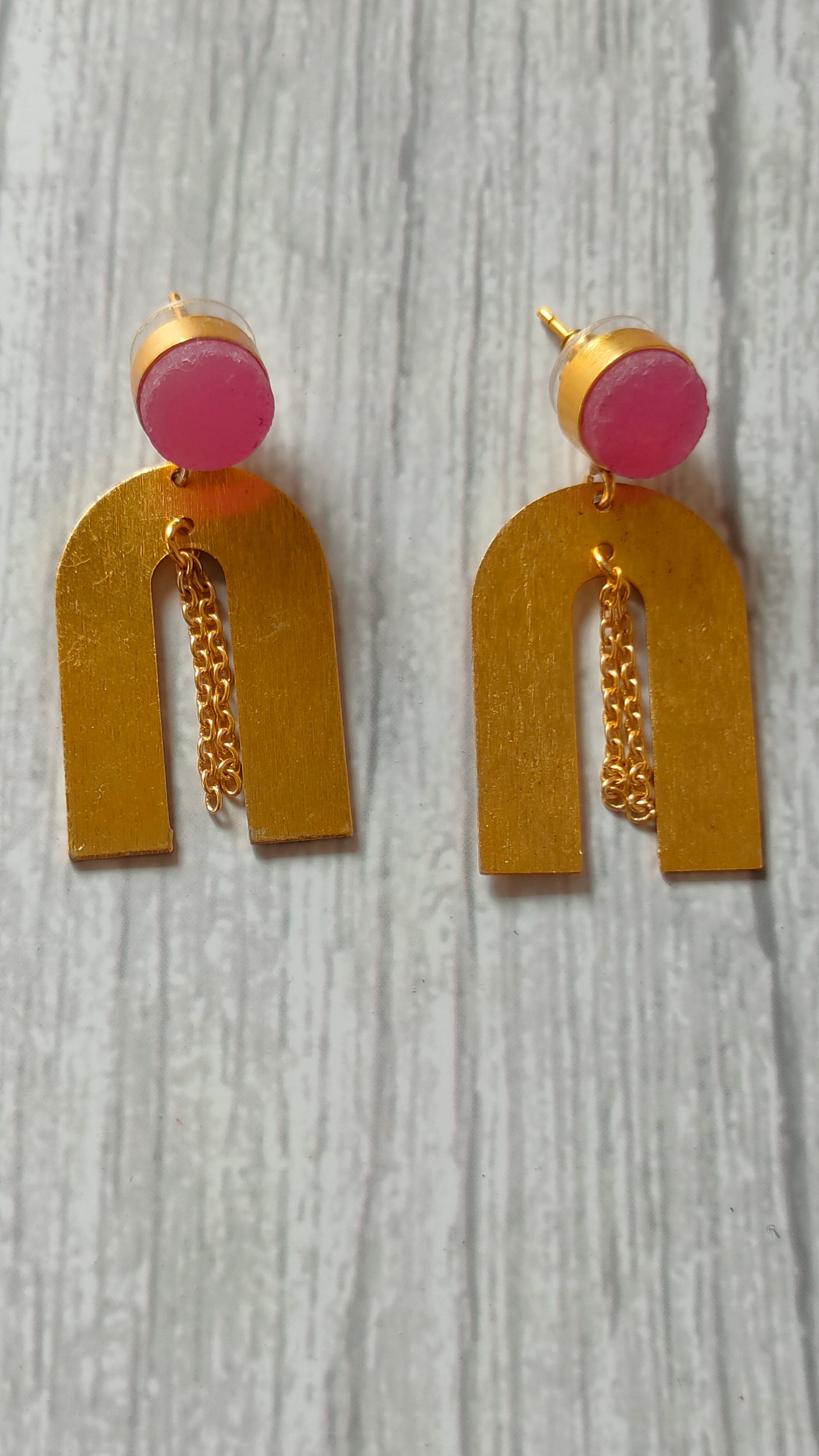 Horse Shoe Brass Earrings with Chain Strings and Pink Stone