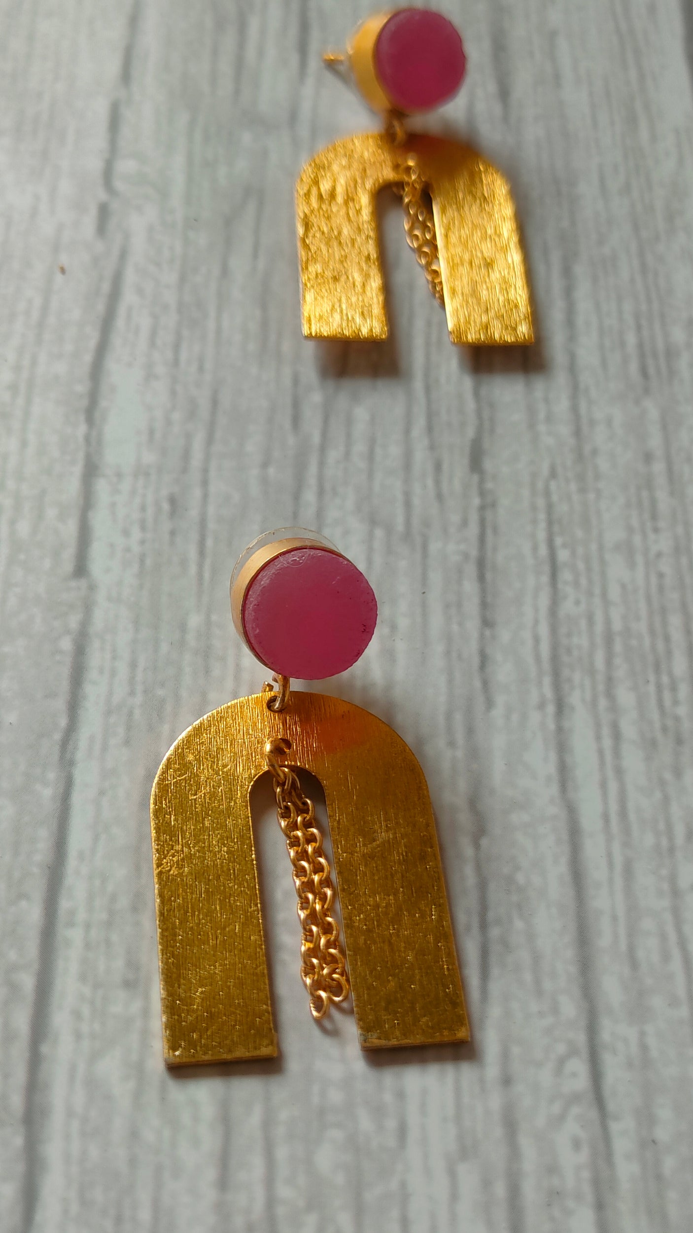 Horse Shoe Brass Earrings with Chain Strings and Pink Stone