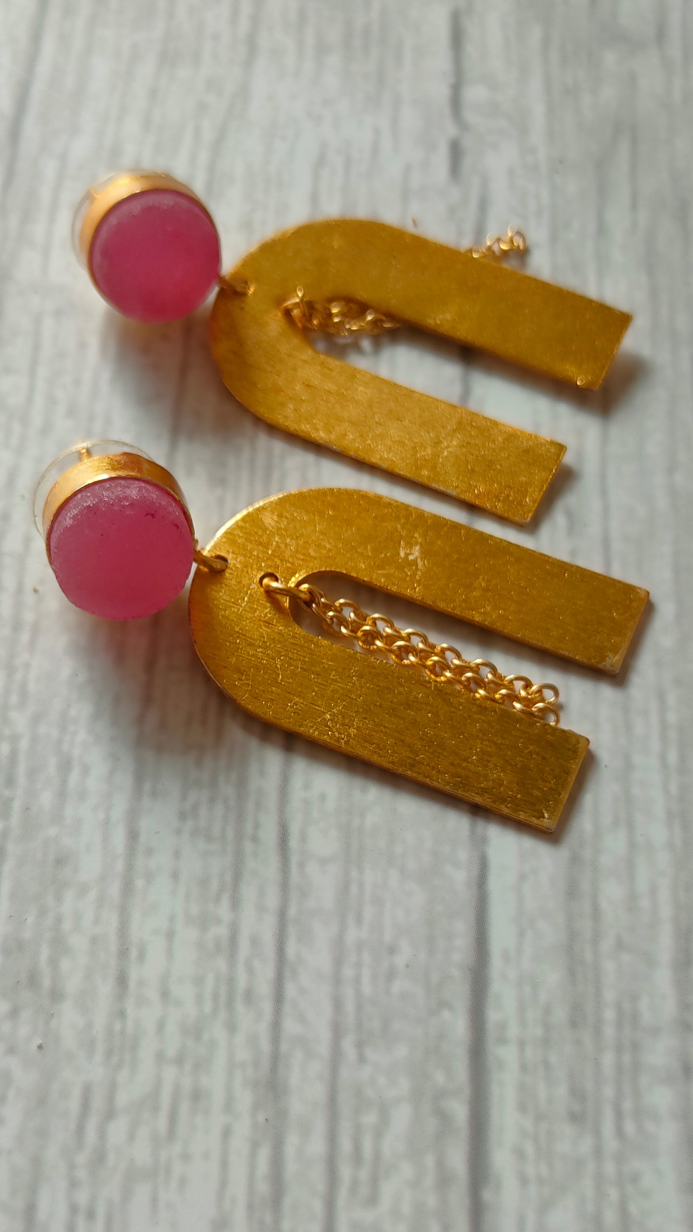 Horse Shoe Brass Earrings with Chain Strings and Pink Stone