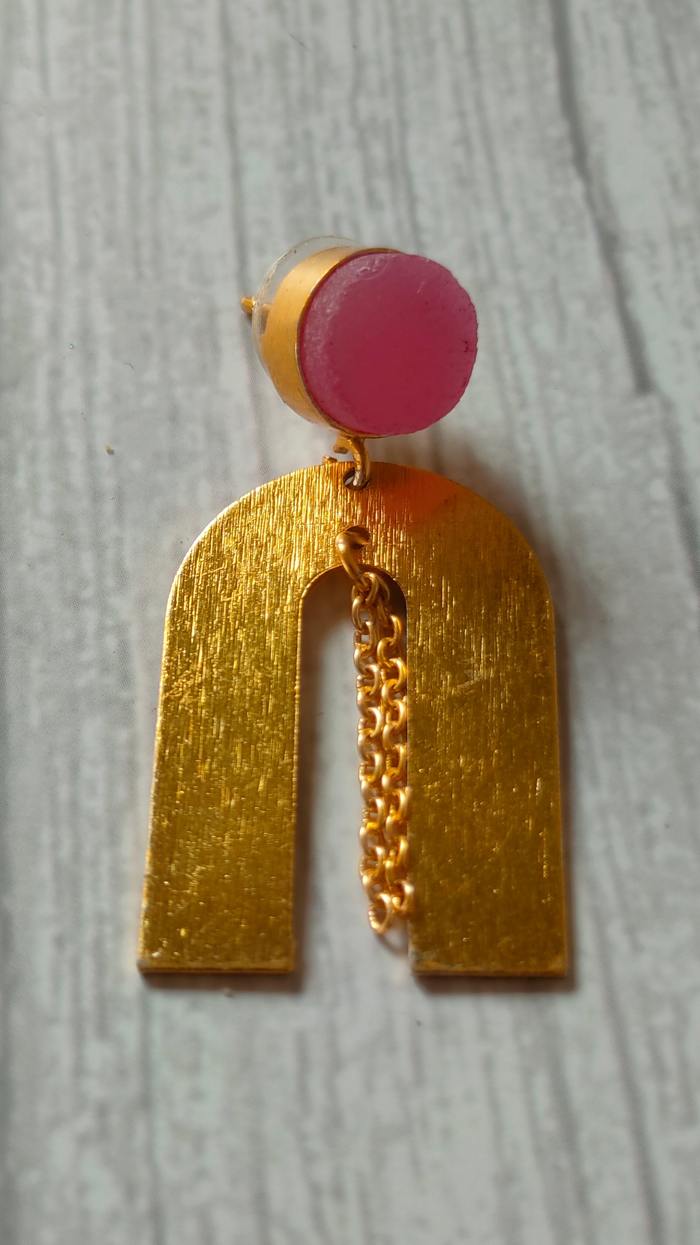 Horse Shoe Brass Earrings with Chain Strings and Pink Stone