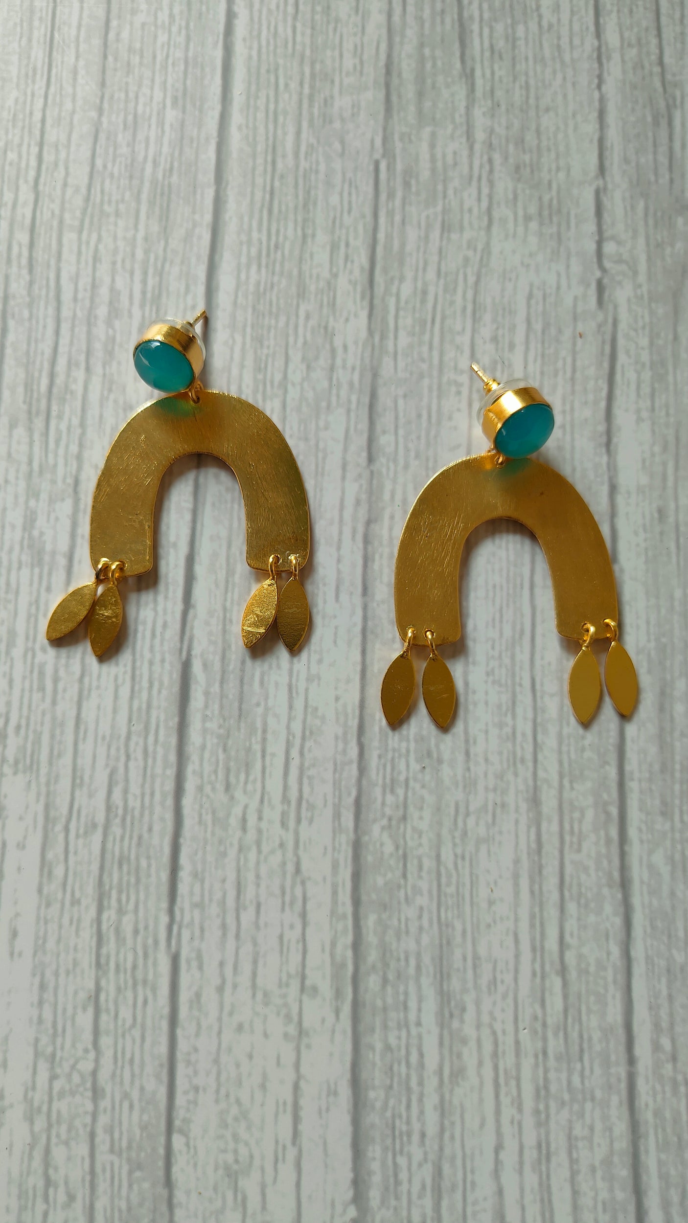 Horse Shoe Brass Earrings with Leaf Danglers and Turquoise Stone