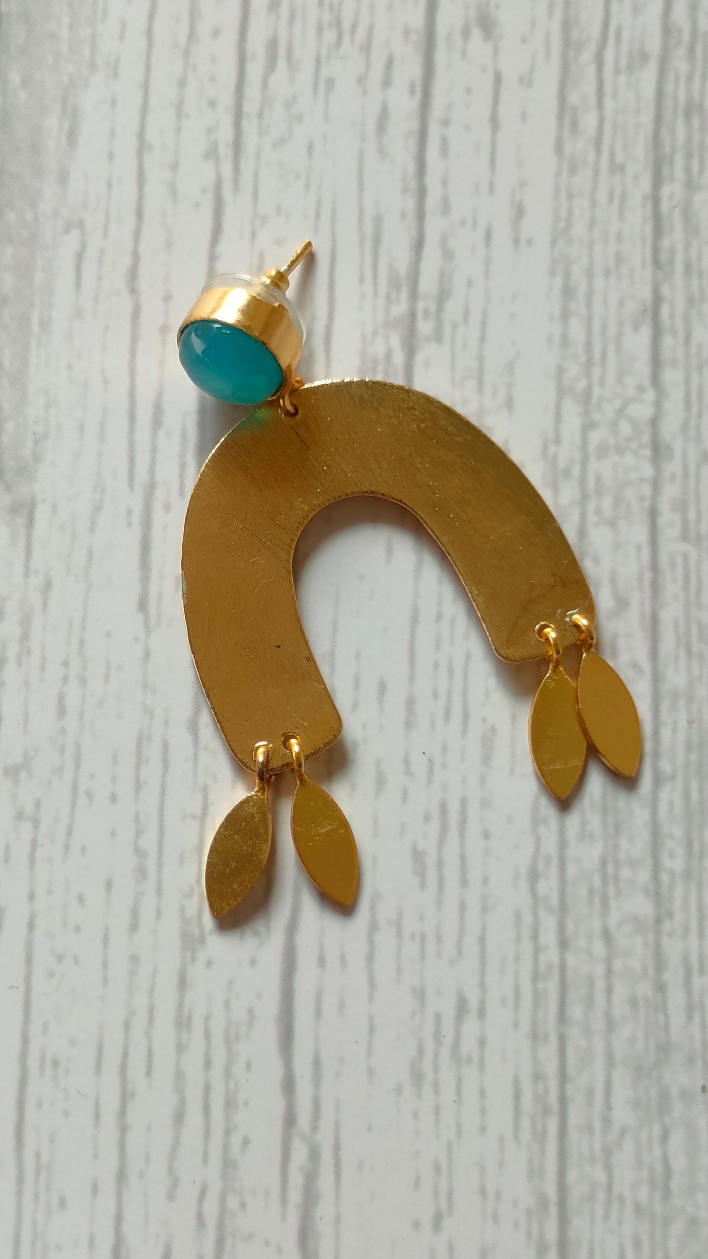 Horse Shoe Brass Earrings with Leaf Danglers and Turquoise Stone
