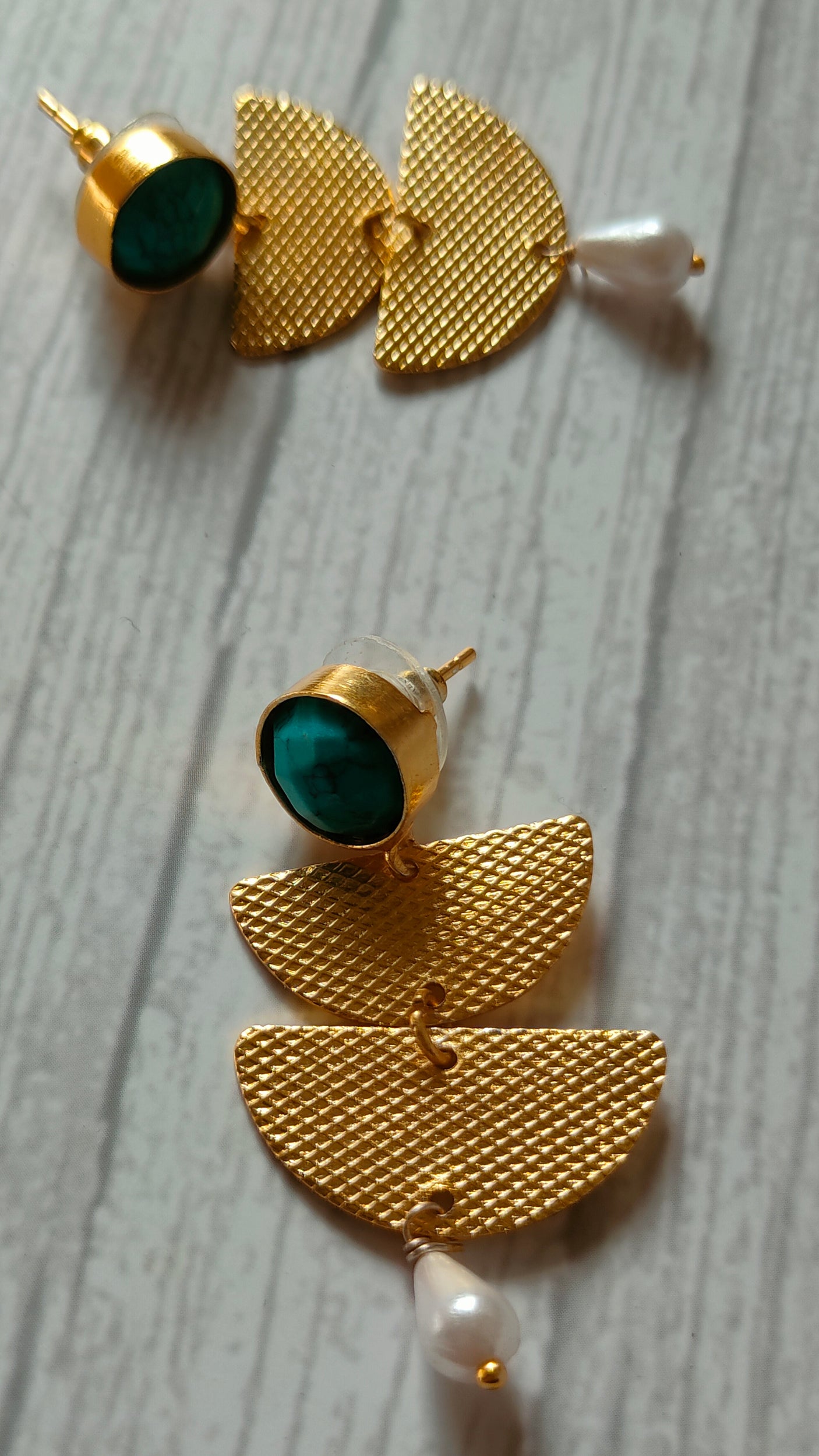 2 Layer Brass Earrings with Turquoise Stone and Pearl Beads