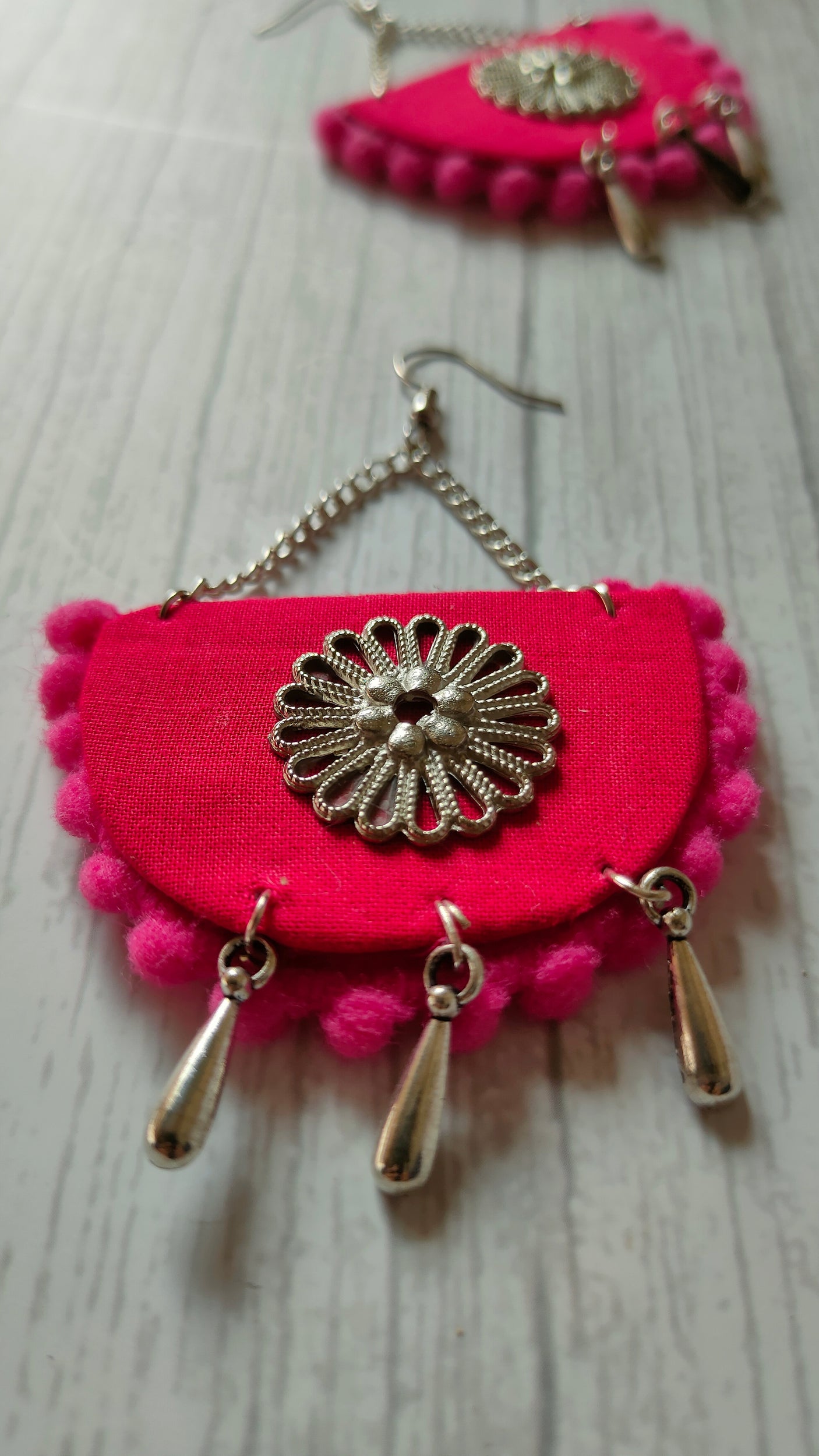 Handcrafted Semi-Circle Fabric Earrings with Chain Strings