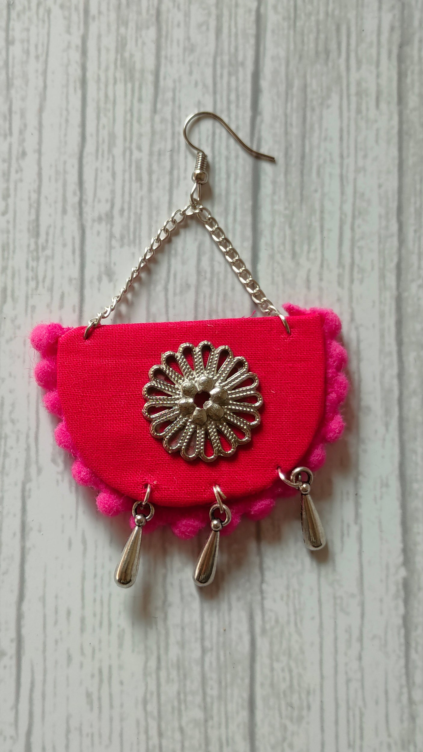 Handcrafted Semi-Circle Fabric Earrings with Chain Strings