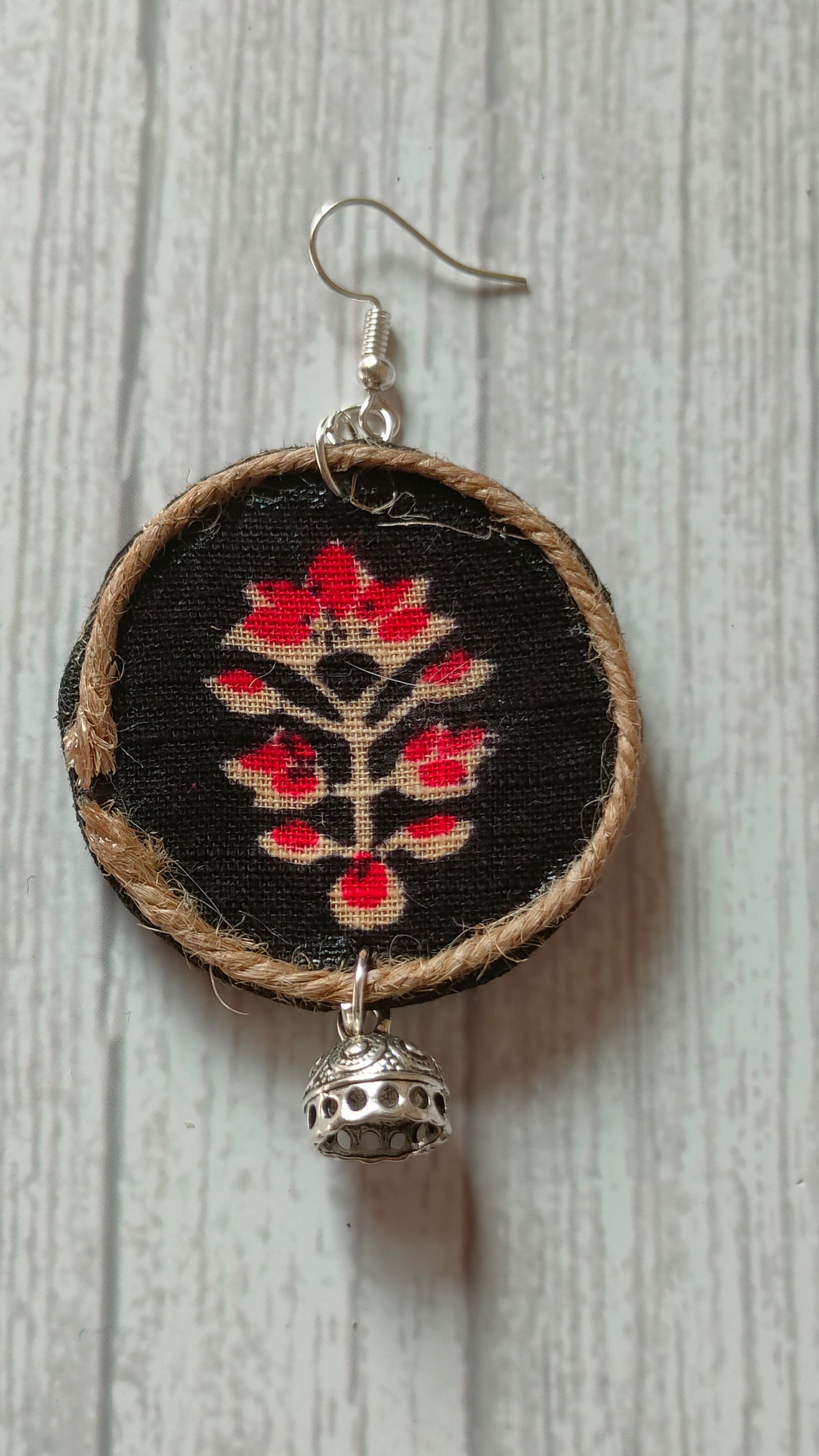 Hand Painted Fabric and Jute Earrings with Ghungroo Attachments