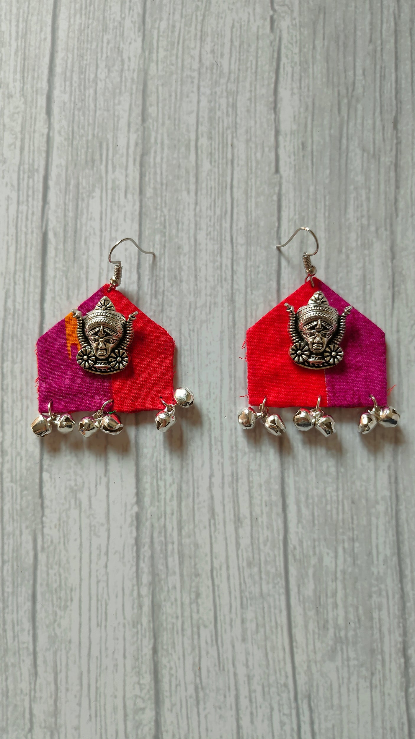 Handcrafted Religious Motif Fabric Earrings with Ghungroo Enhancements