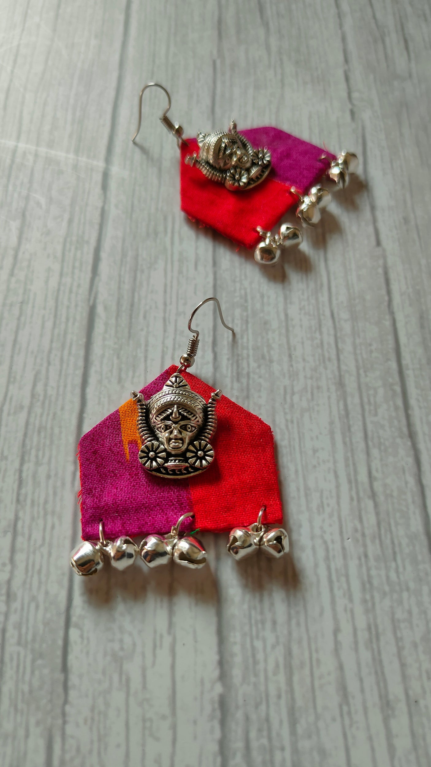 Handcrafted Religious Motif Fabric Earrings with Ghungroo Enhancements