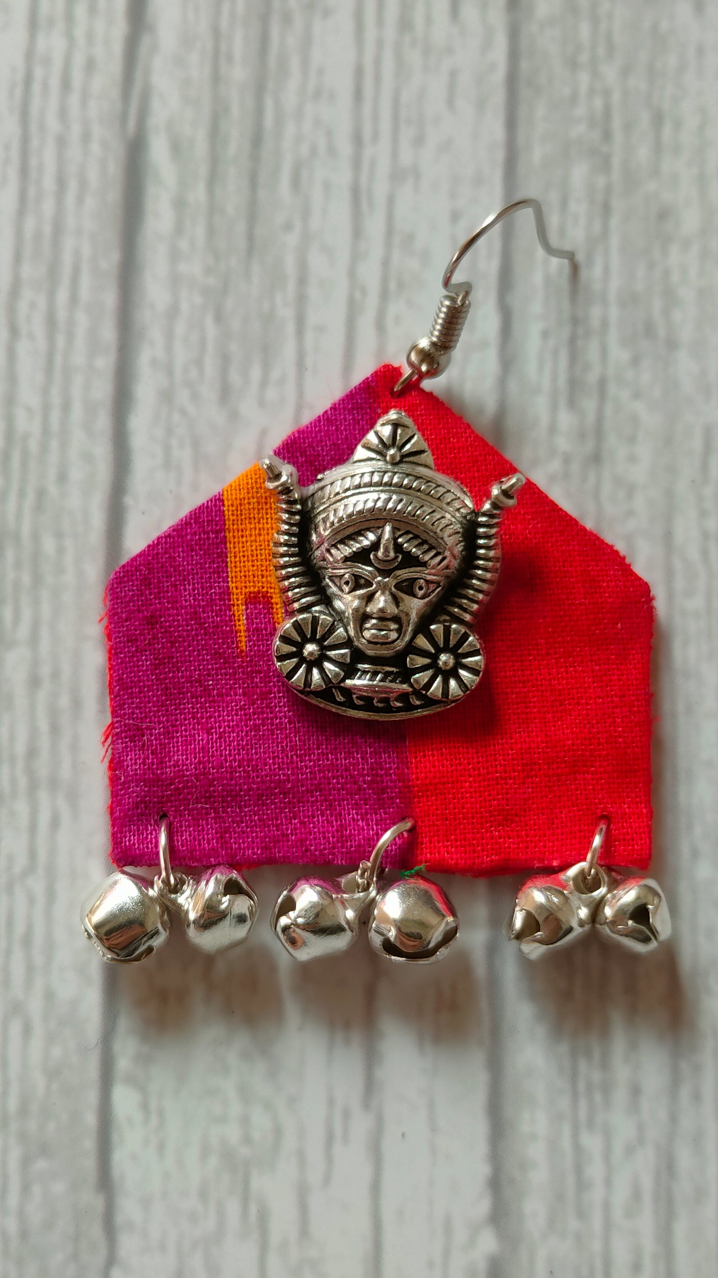 Handcrafted Religious Motif Fabric Earrings with Ghungroo Enhancements