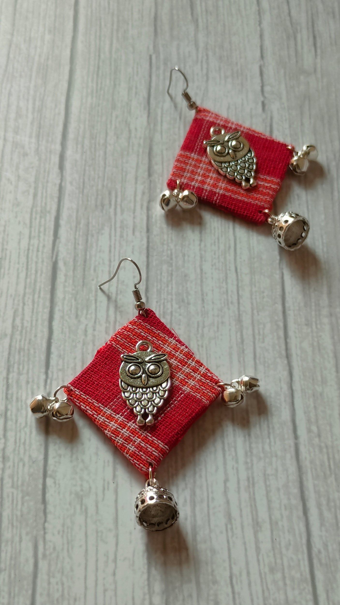Handcrafted Gamcha Fabric Earrings with Owl Motif and Jhumka Attachment