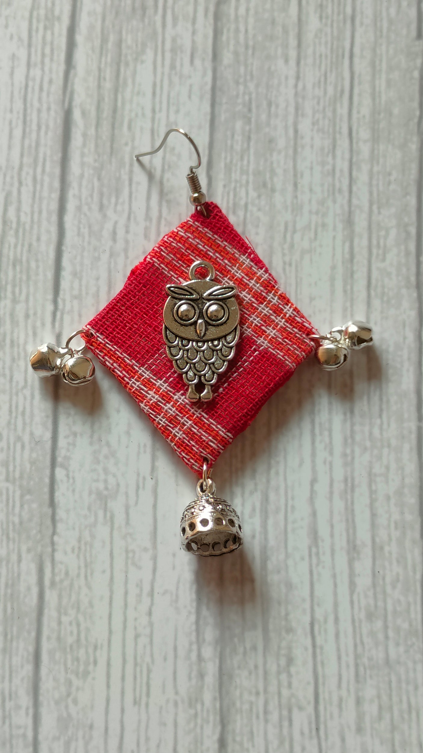 Handcrafted Gamcha Fabric Earrings with Owl Motif and Jhumka Attachment