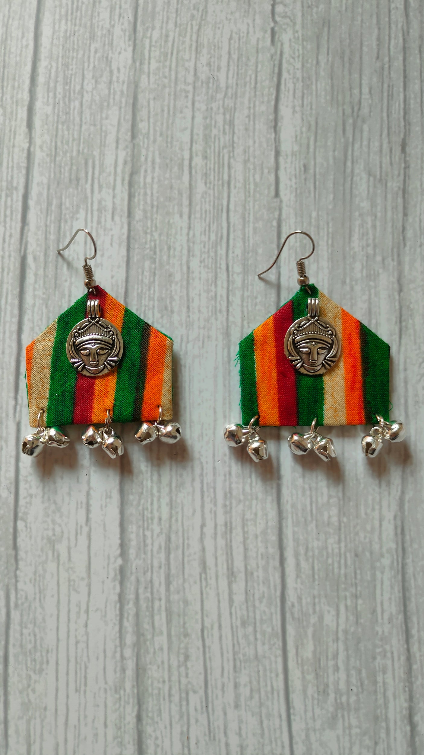 Handcrafted Multicolor Religious Motif Fabric Earrings with Ghungroo Enhancements