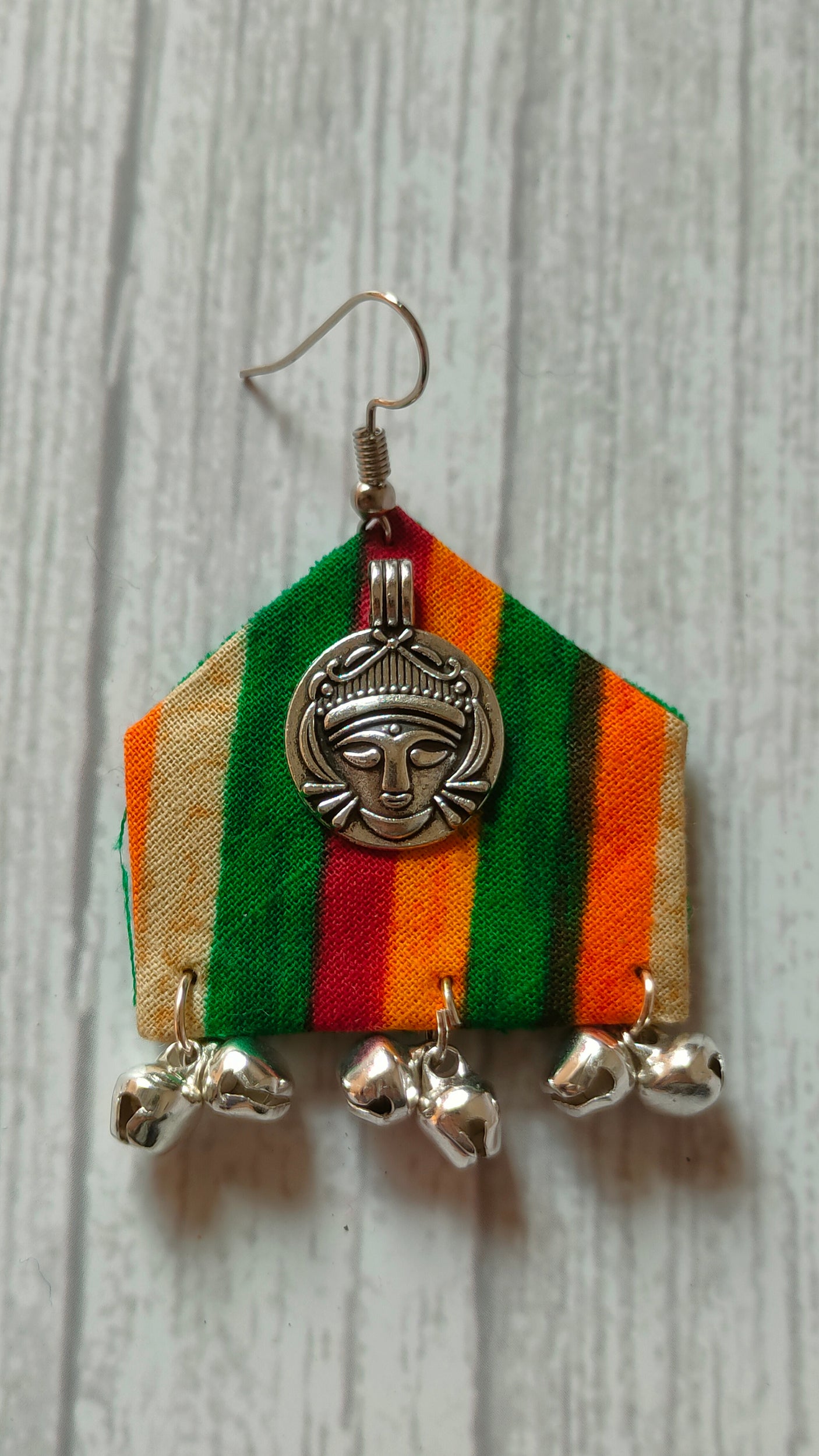 Handcrafted Multicolor Religious Motif Fabric Earrings with Ghungroo Enhancements