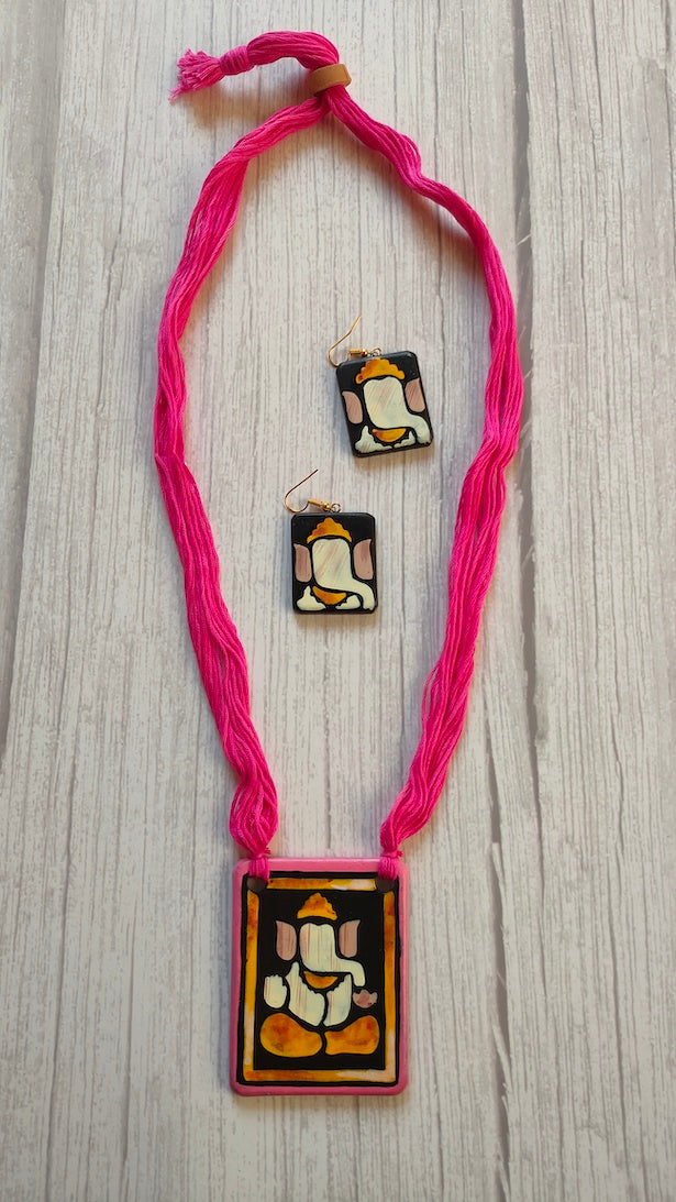 Handpainted Ganesha Terracotta Clay Necklace Set
