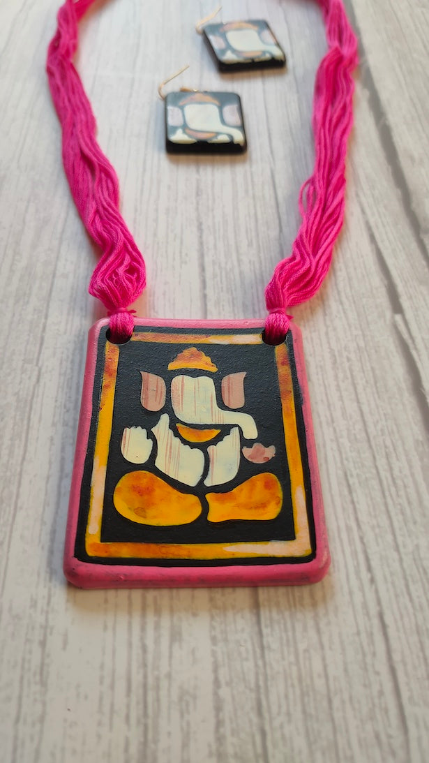 Handpainted Ganesha Terracotta Clay Necklace Set