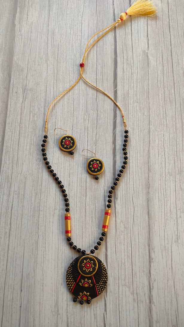 Elegant Handcrafted Black & Golden Terracotta Clay Necklace Set